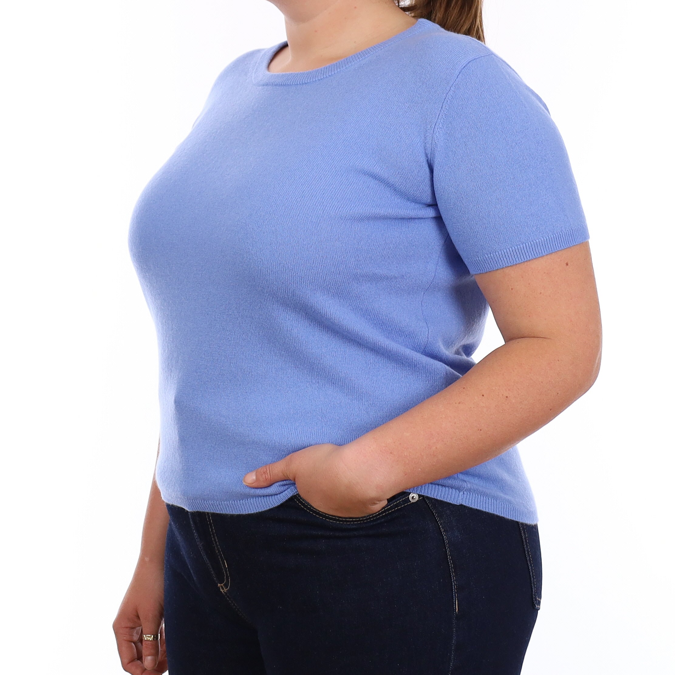 Brand New Cornflower Blue Cashmere Crew Neck T-Shirt Large UK 16-18