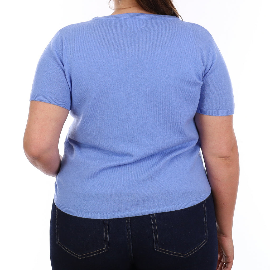Brand New Cornflower Blue Cashmere Crew Neck T-Shirt Extra Large UK 20-22