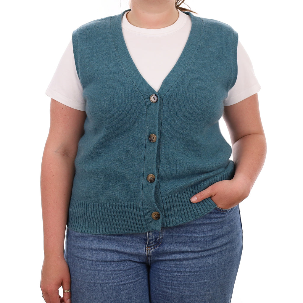 Brand New Ocean Green Luxury Cashmere V Neck Waistcoat Extra Large UK 20-22