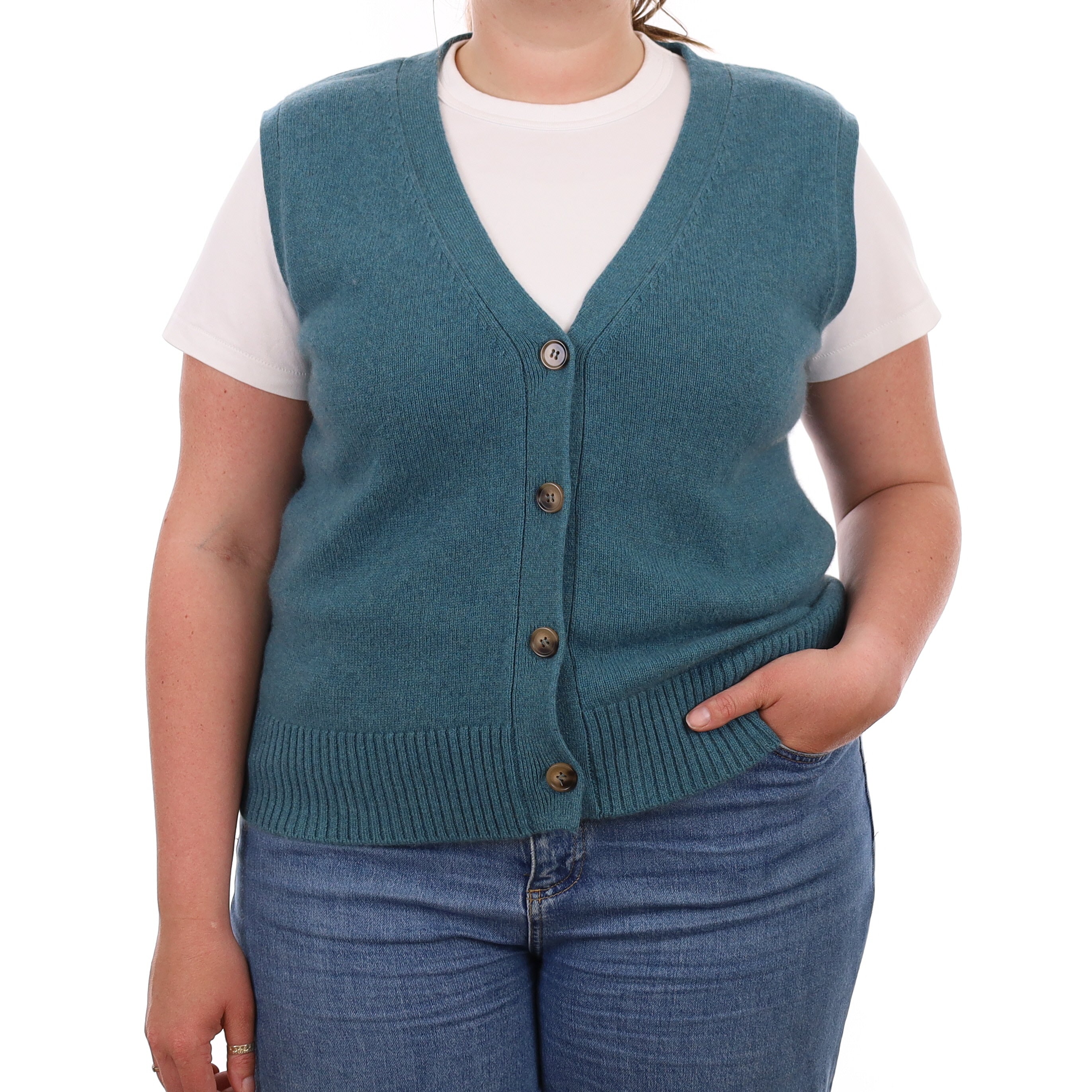 Brand New Ocean Green Luxury Cashmere V Neck Waistcoat Extra Large UK 20-22