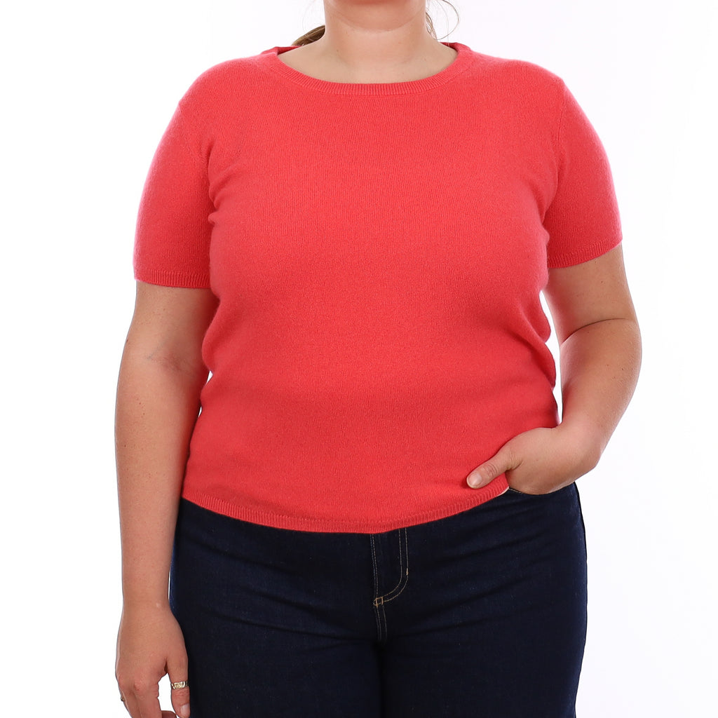 Brand New Coral Pink Cashmere Crew Neck T-Shirt Extra Large UK 20-22