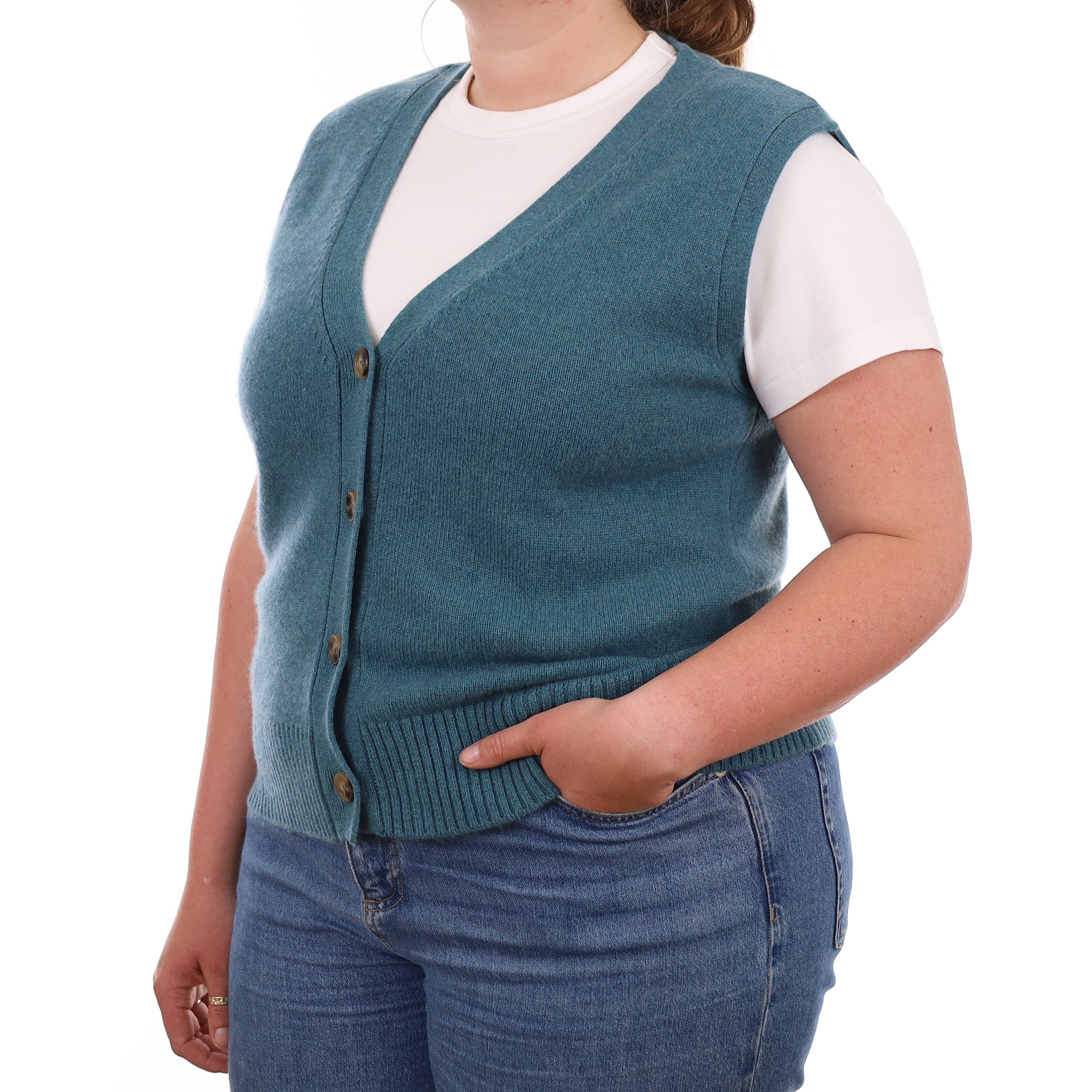 Brand New Ocean Green Luxury Cashmere V Neck Waistcoat Extra Large UK 20-22