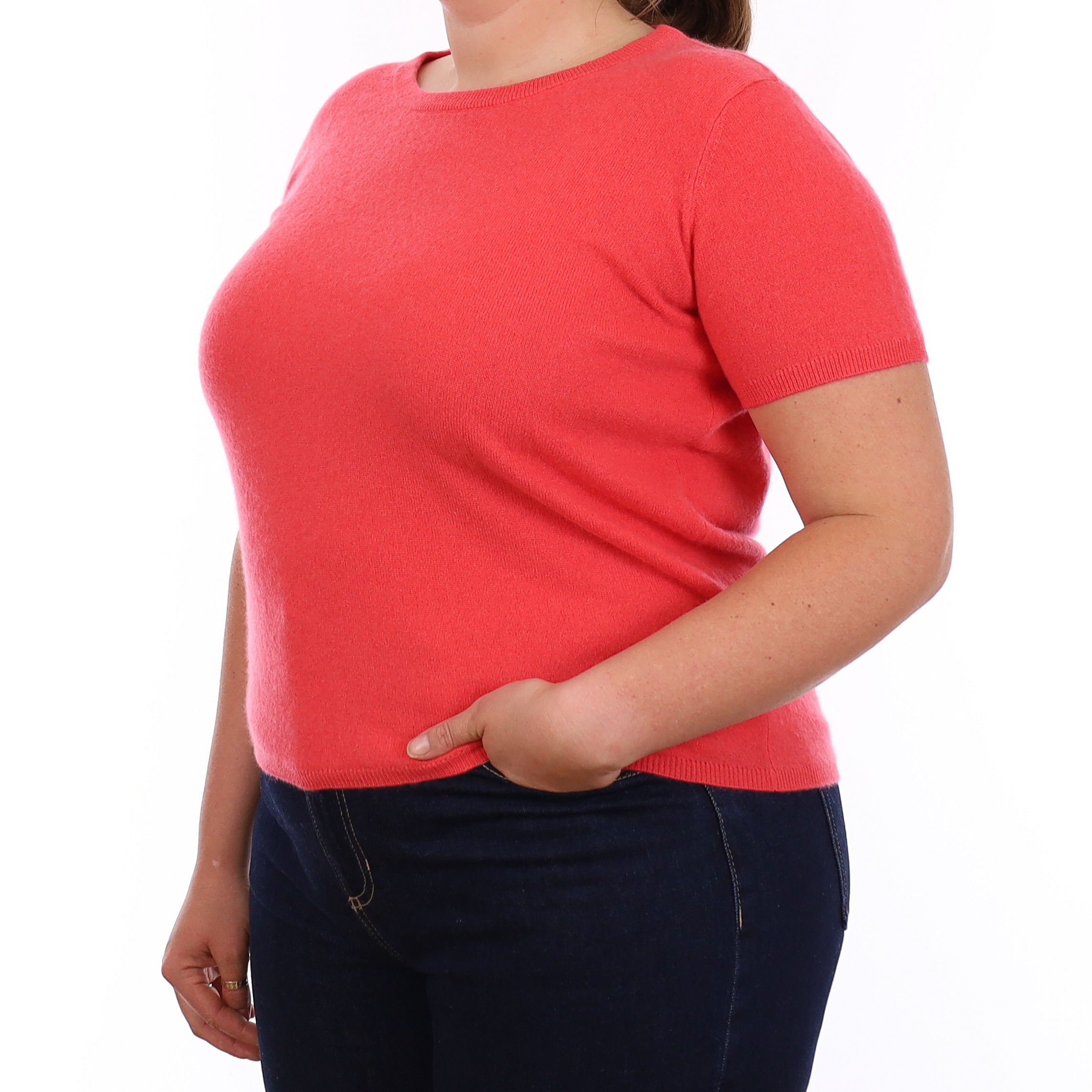Brand New Coral Pink Cashmere Crew Neck T-Shirt Large UK 16-18