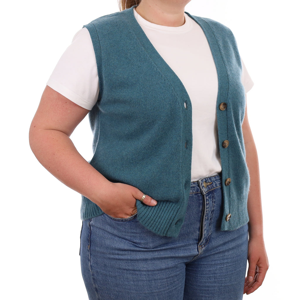 Brand New Ocean Green Luxury Cashmere V Neck Waistcoat Extra Large UK 20-22