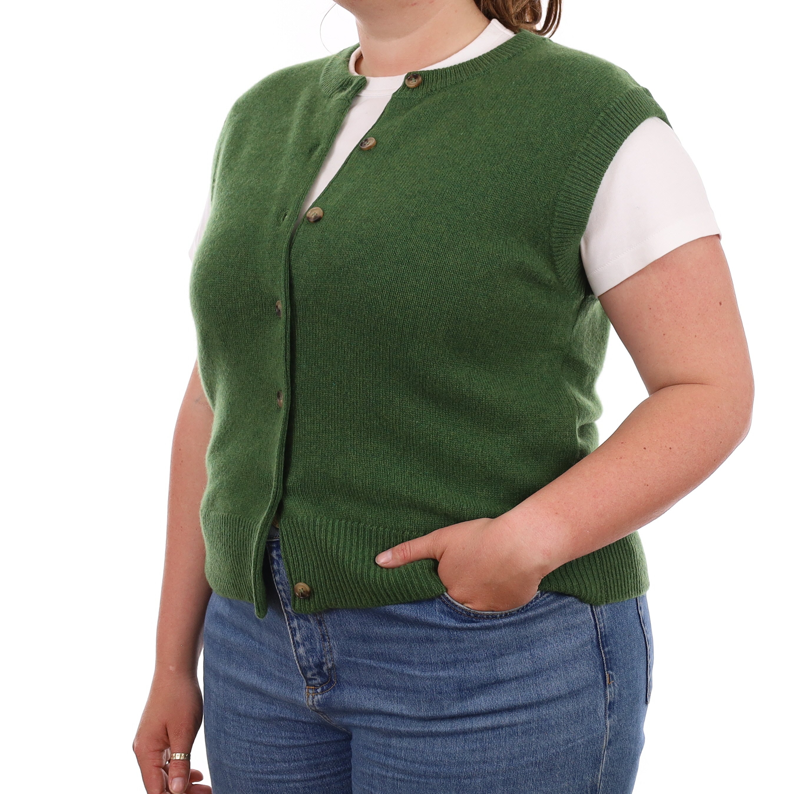 Brand New Willow Green Luxury Cashmere Crew Neck Waistcoat Large UK 16-18