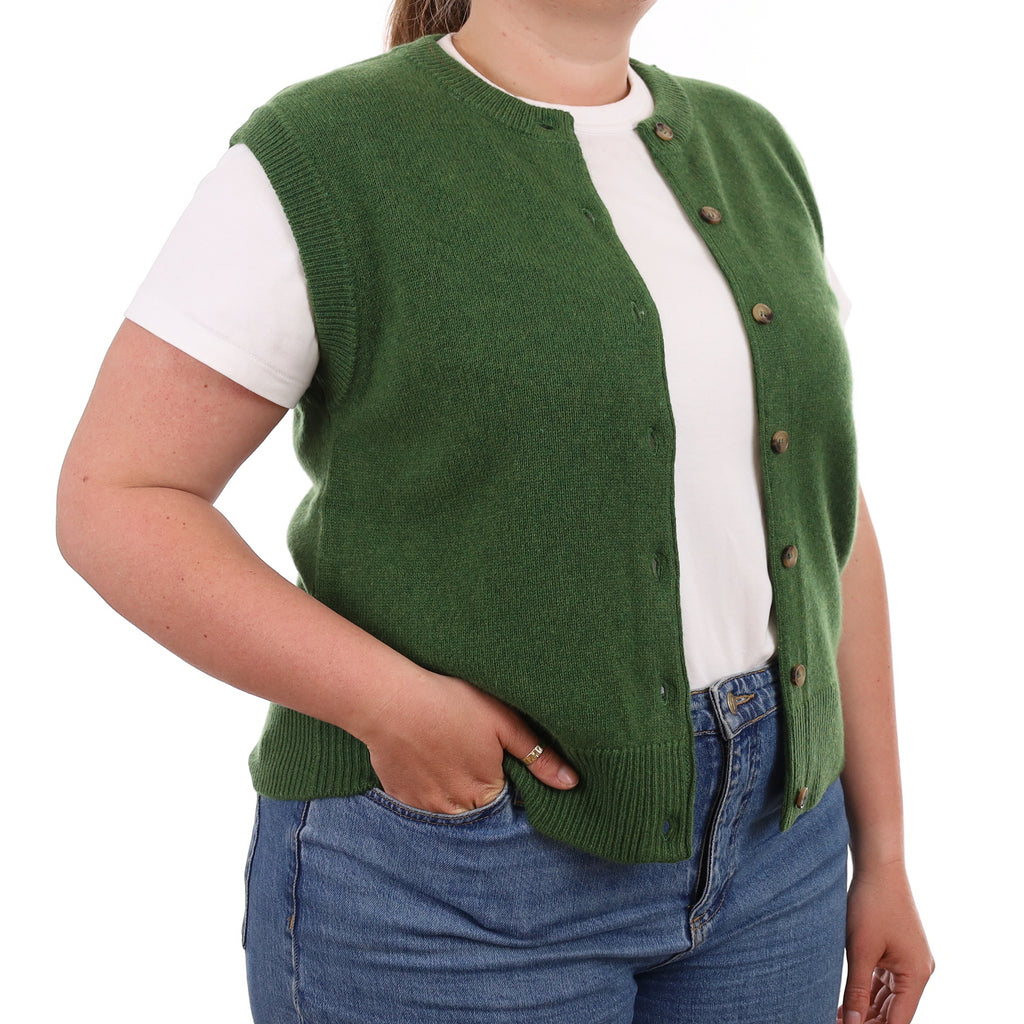 Brand New Willow Green Luxury Cashmere Crew Neck Waistcoat Large UK 16-18