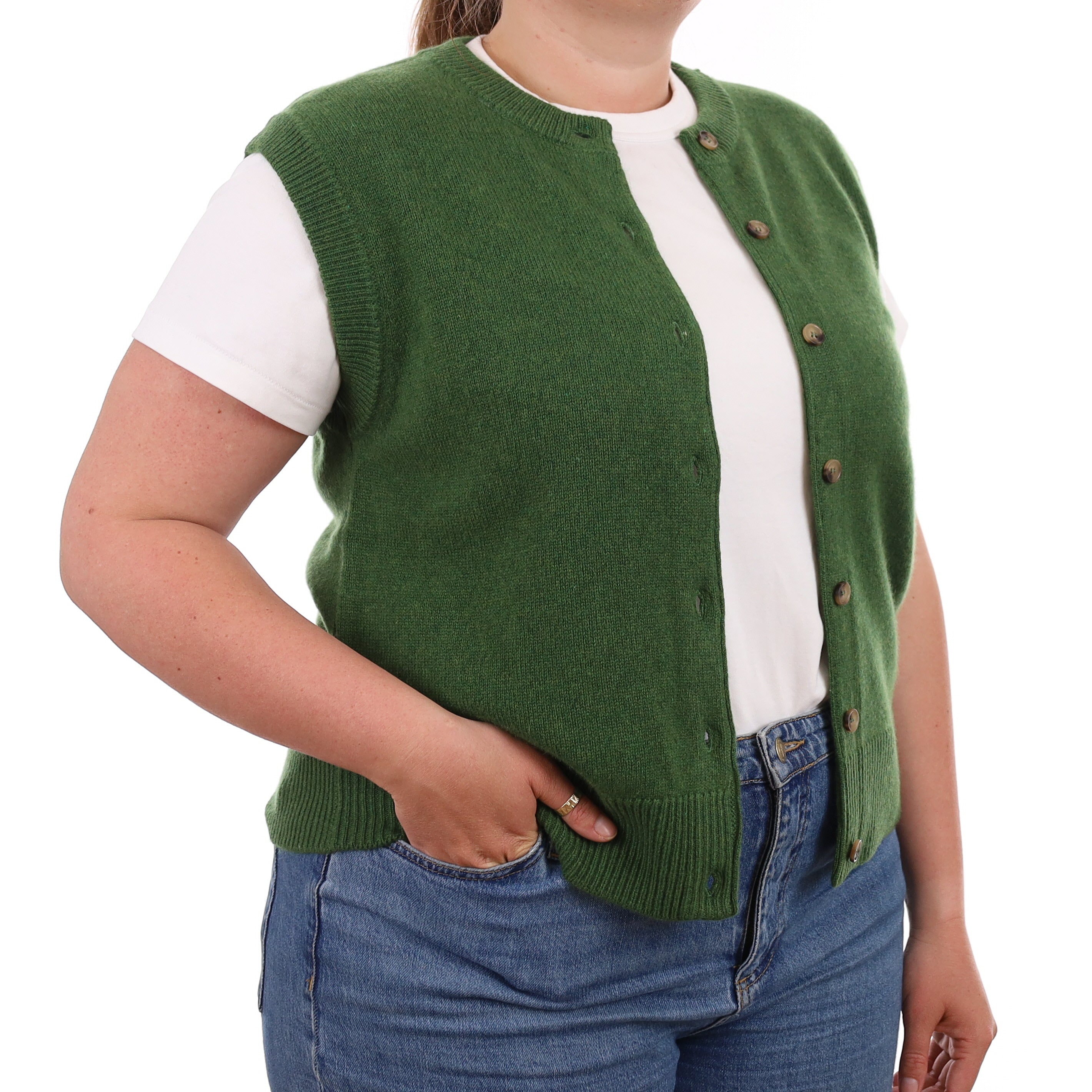 Brand New Willow Green Luxury Cashmere Crew Neck Waistcoat Large UK 16-18