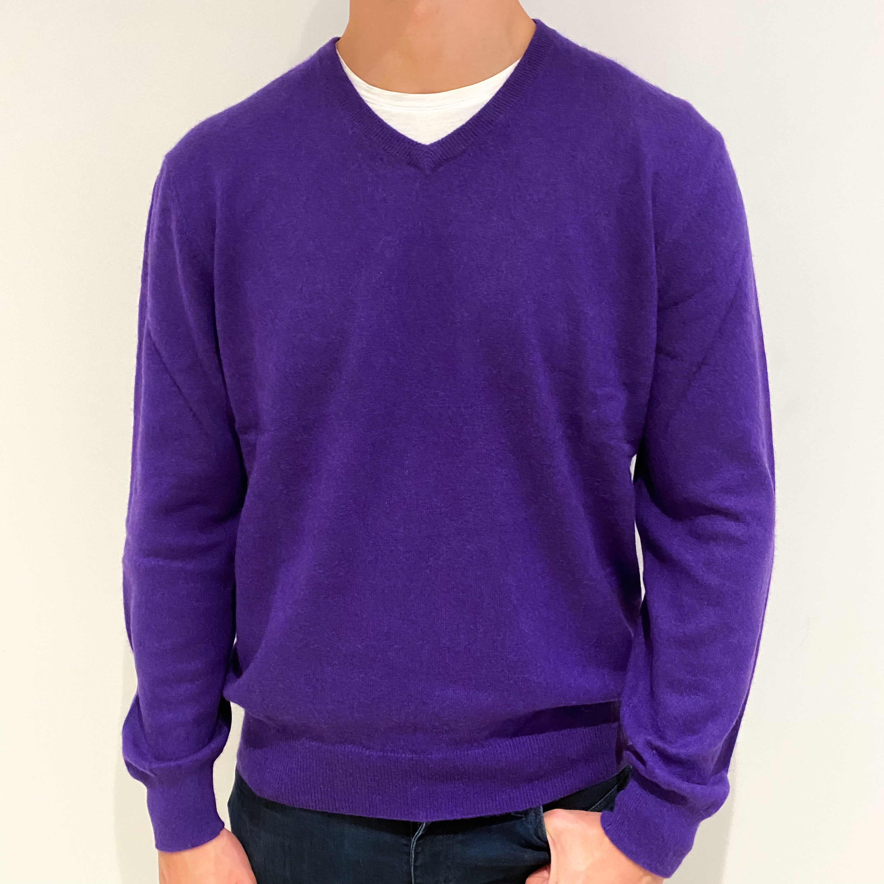 Men's Pansy Purple Cashmere V-Neck Jumper Extra Large