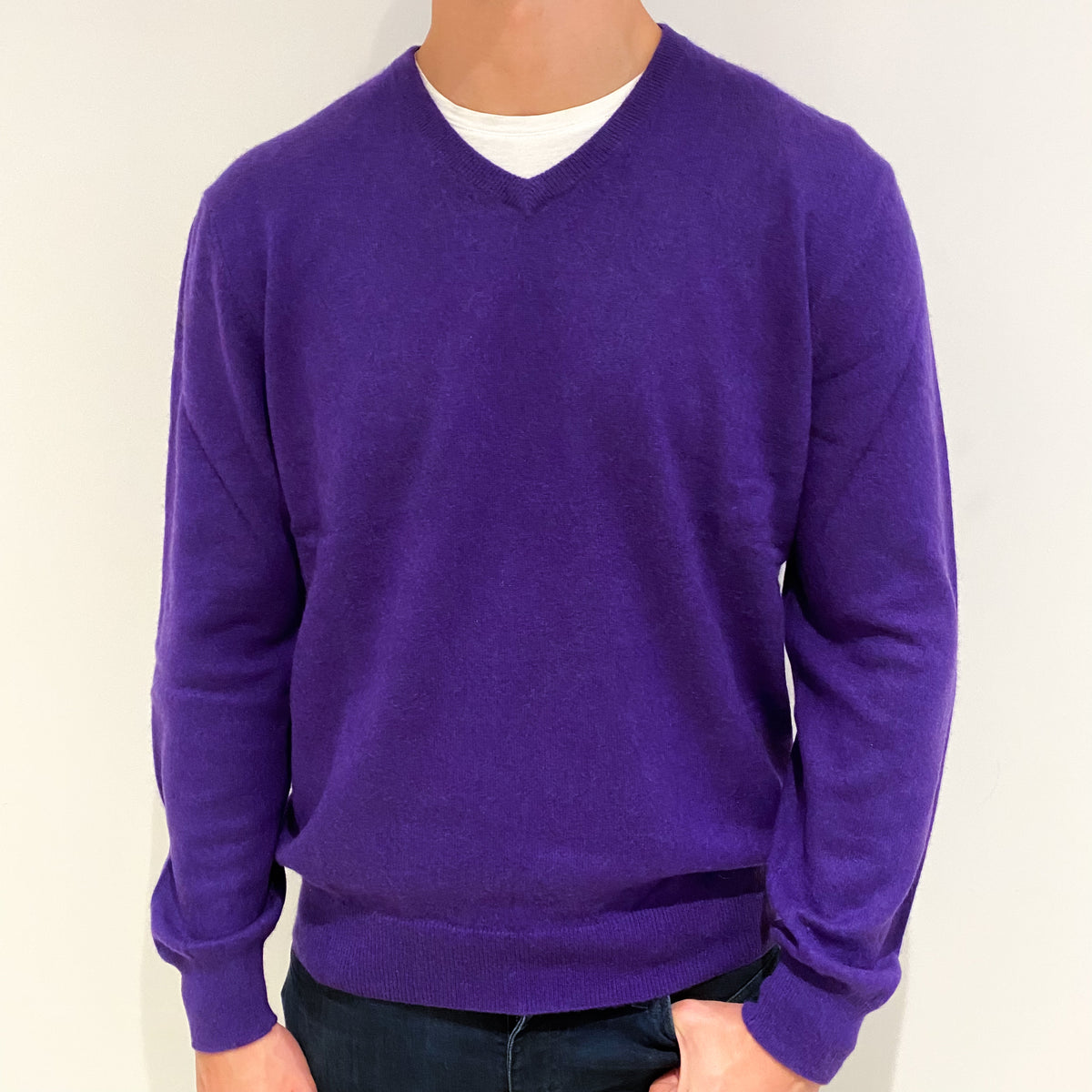 Men's Pansy Purple Cashmere V-Neck Jumper Extra Large