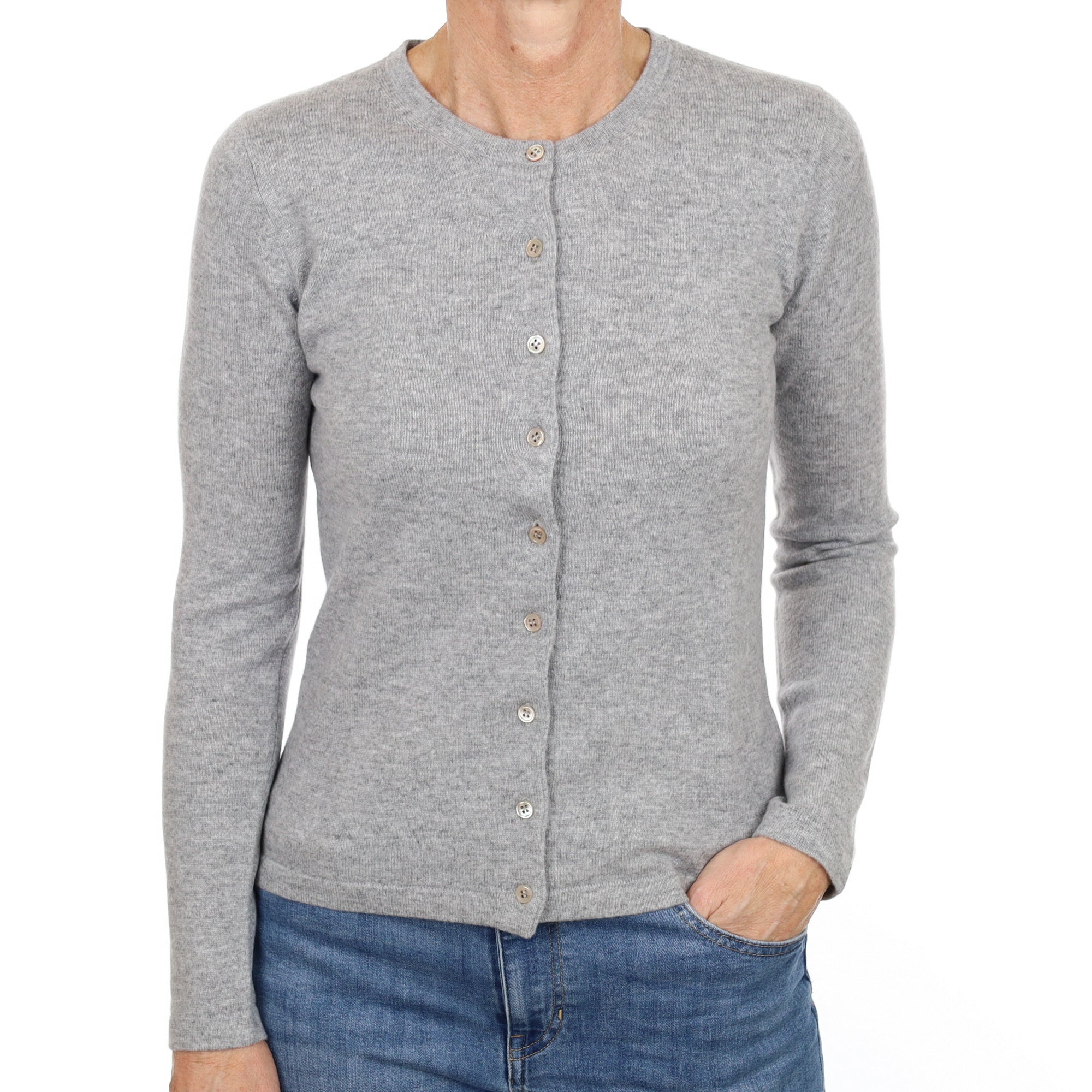 New Smoke Grey Cashmere Crew Neck Cardigan Small