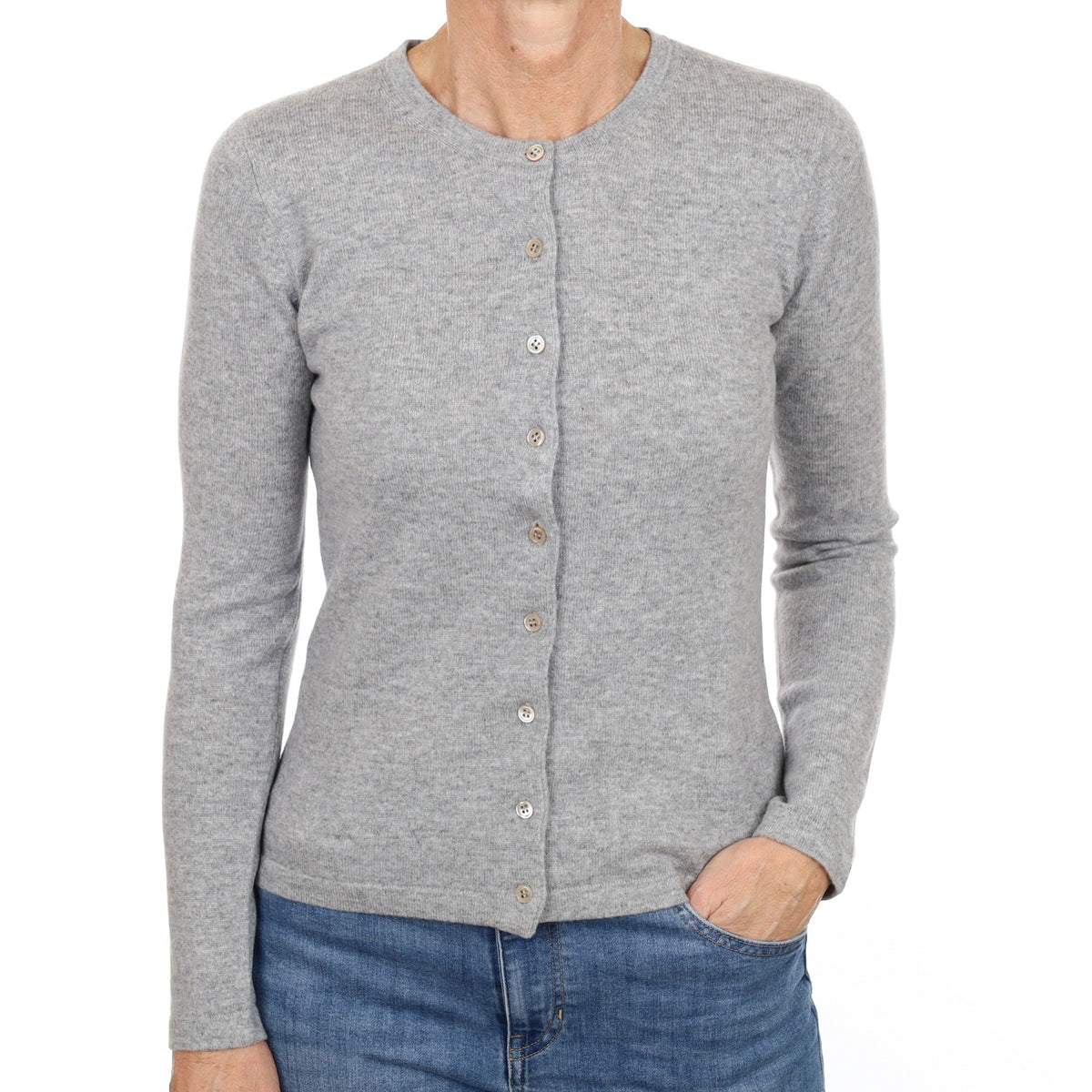 New Smoke Grey Cashmere Crew Neck Cardigan Small