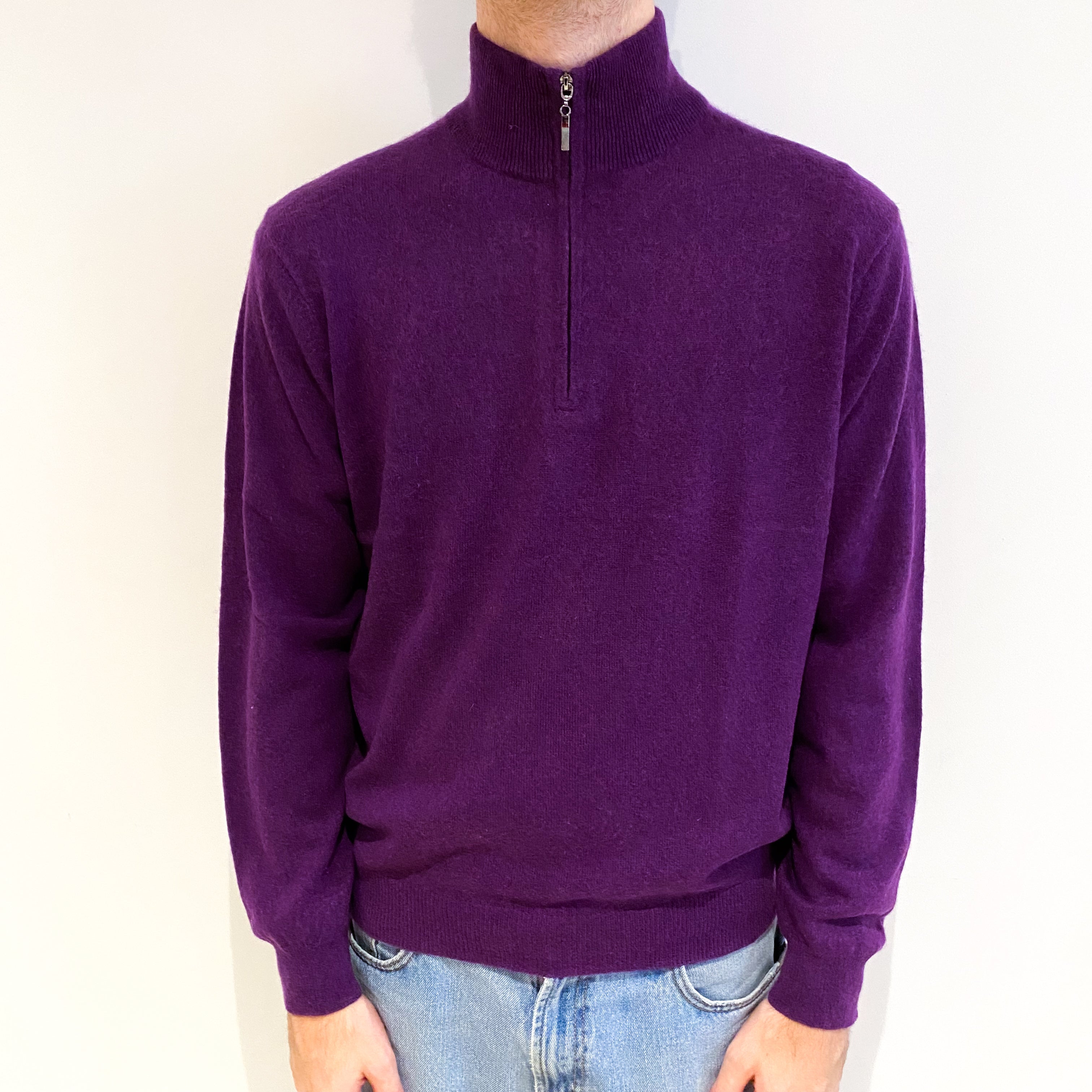 Men's Aubergine Purple Cashmere 3/4 Zip Up Turtle Neck Jumper Medium