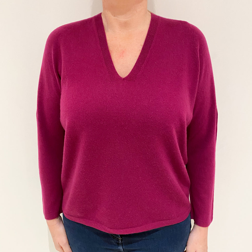 Deep Magenta Pink Slouchy Cashmere V-Neck Jumper Large