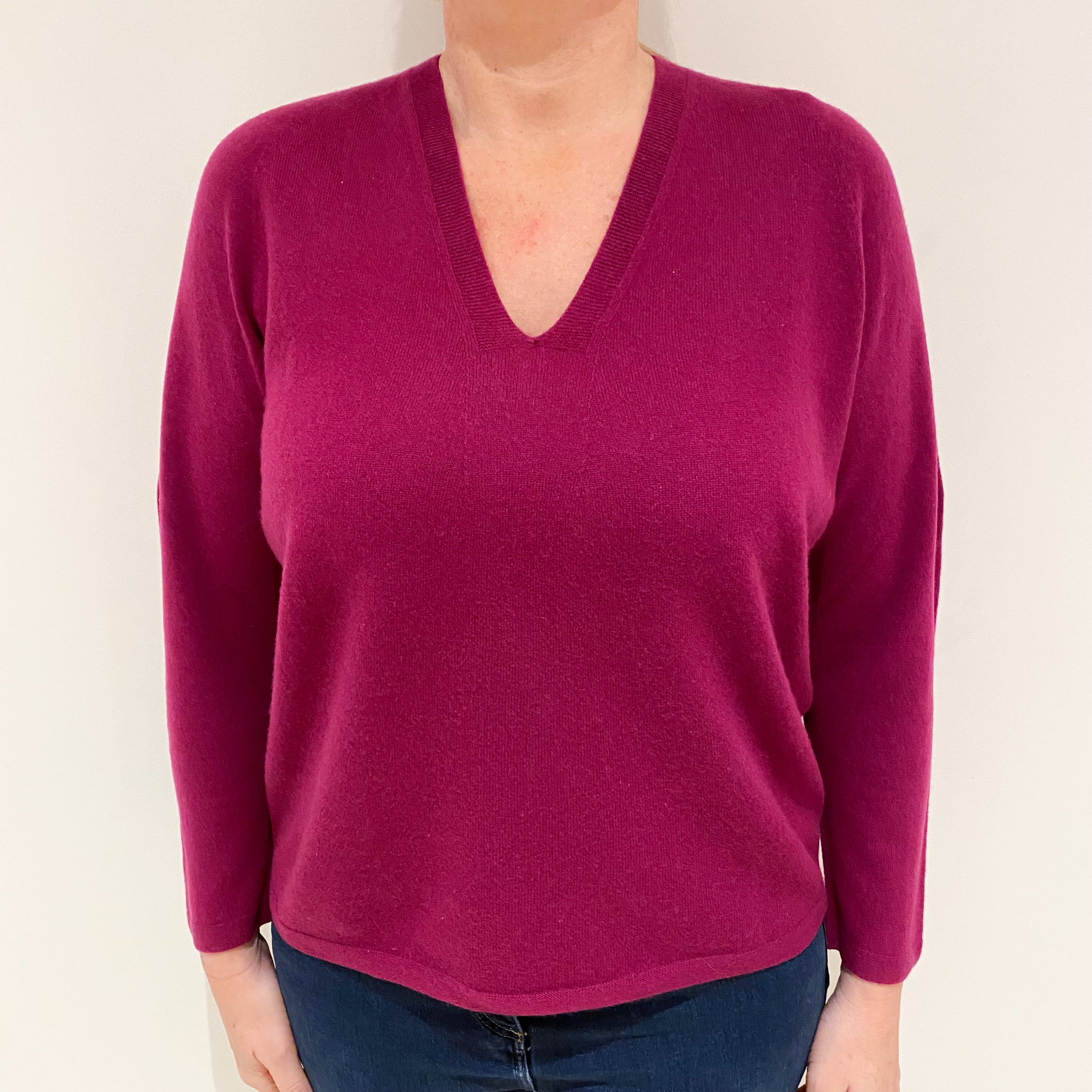 Deep Magenta Pink Slouchy Cashmere V-Neck Jumper Large