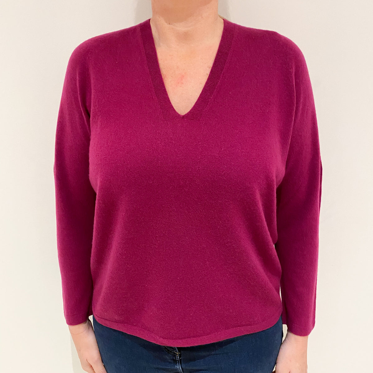 Deep Magenta Pink Slouchy Cashmere V-Neck Jumper Large