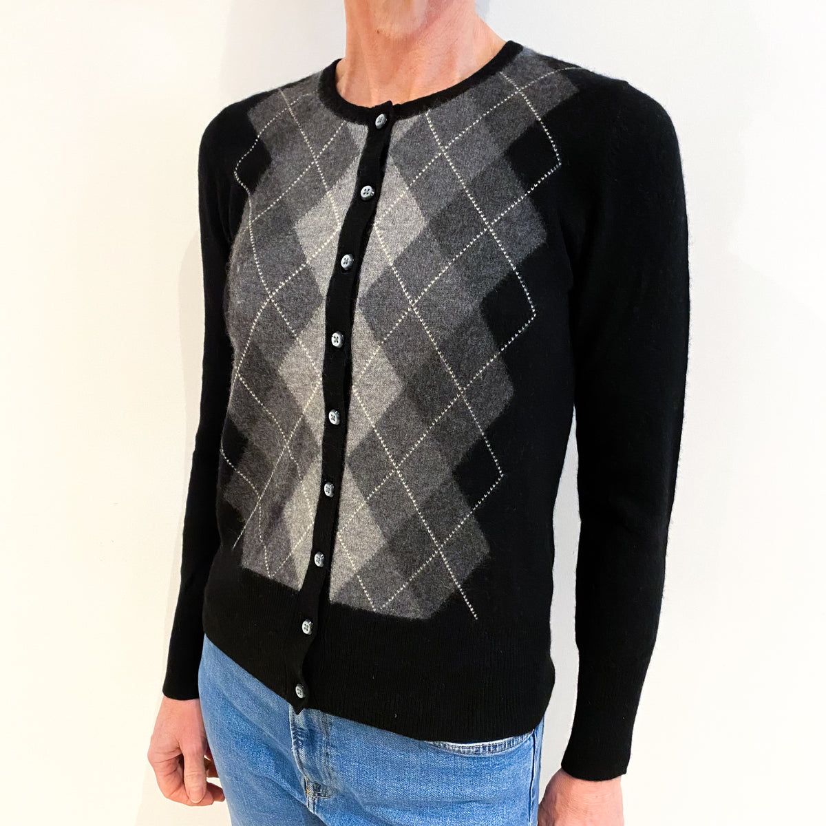 Black And Grey Argyle Cashmere Crew Neck Cardigan Small