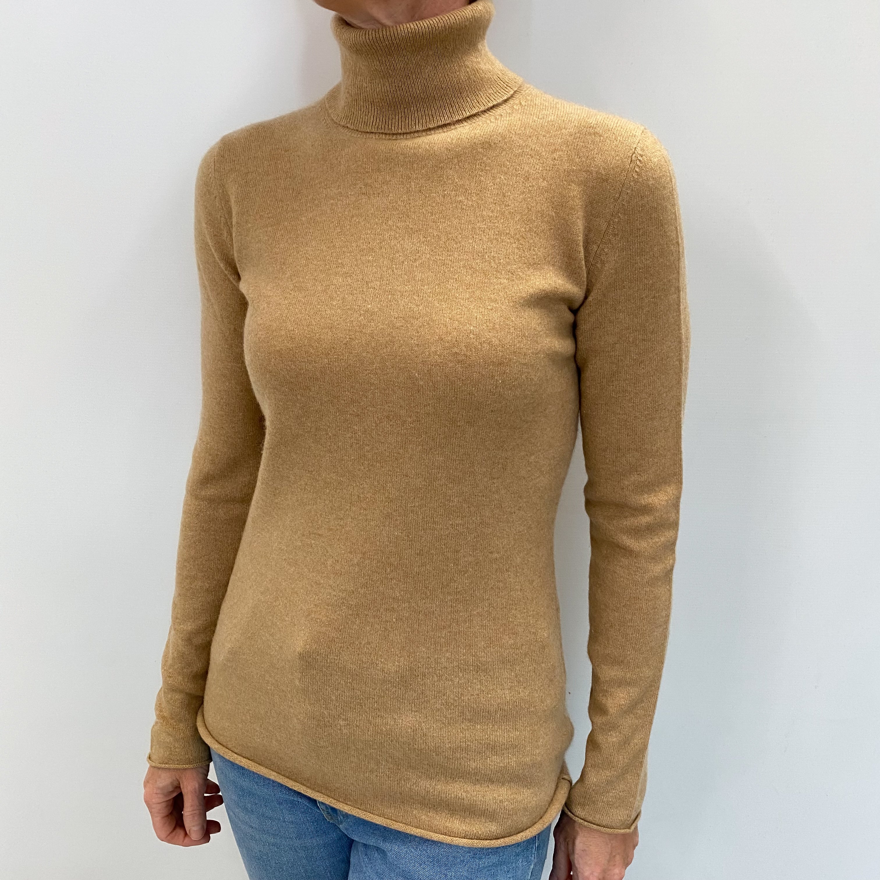 Sand Beige Cashmere Polo Neck Jumper Small