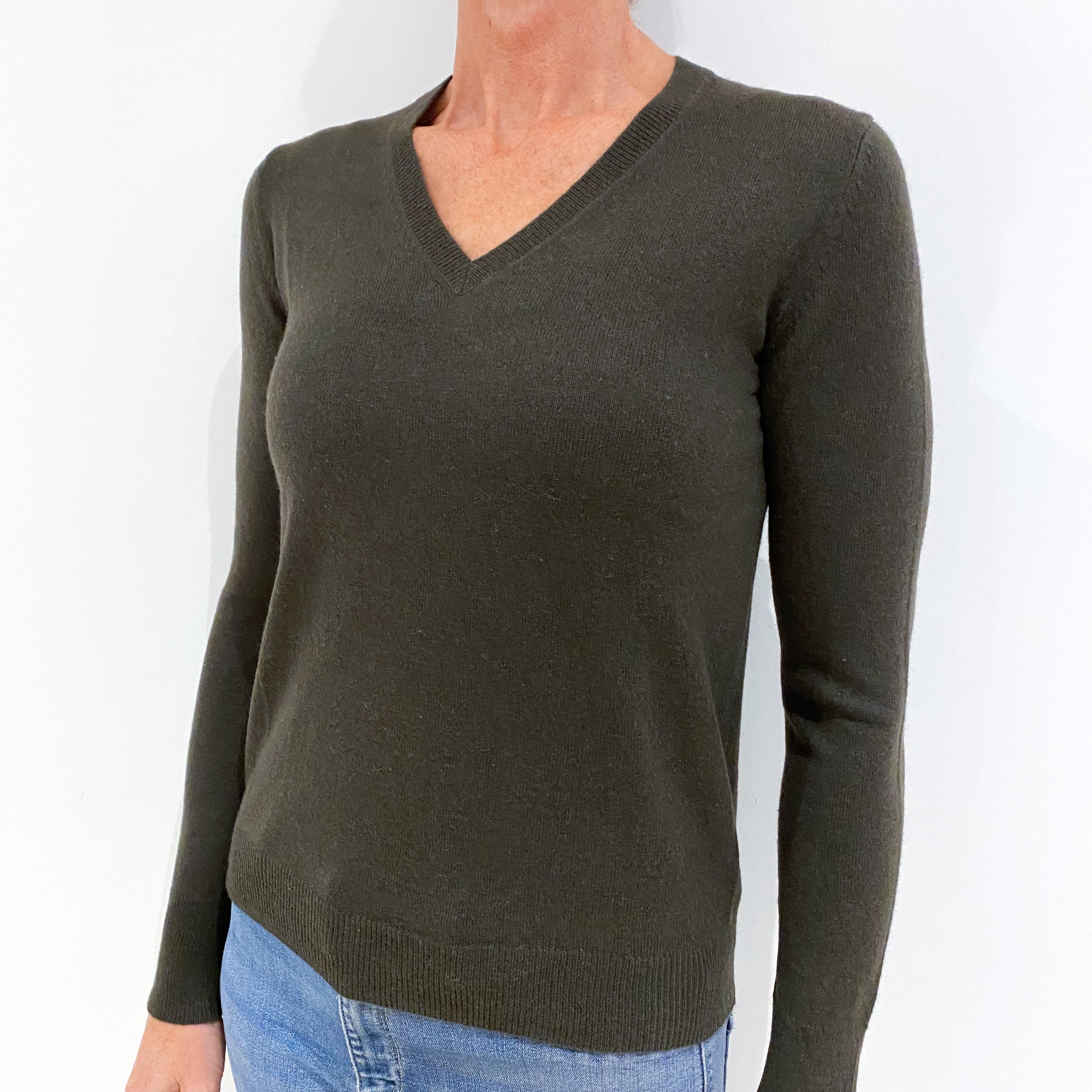Darkest Khaki Green Cashmere V-Neck Jumper Small