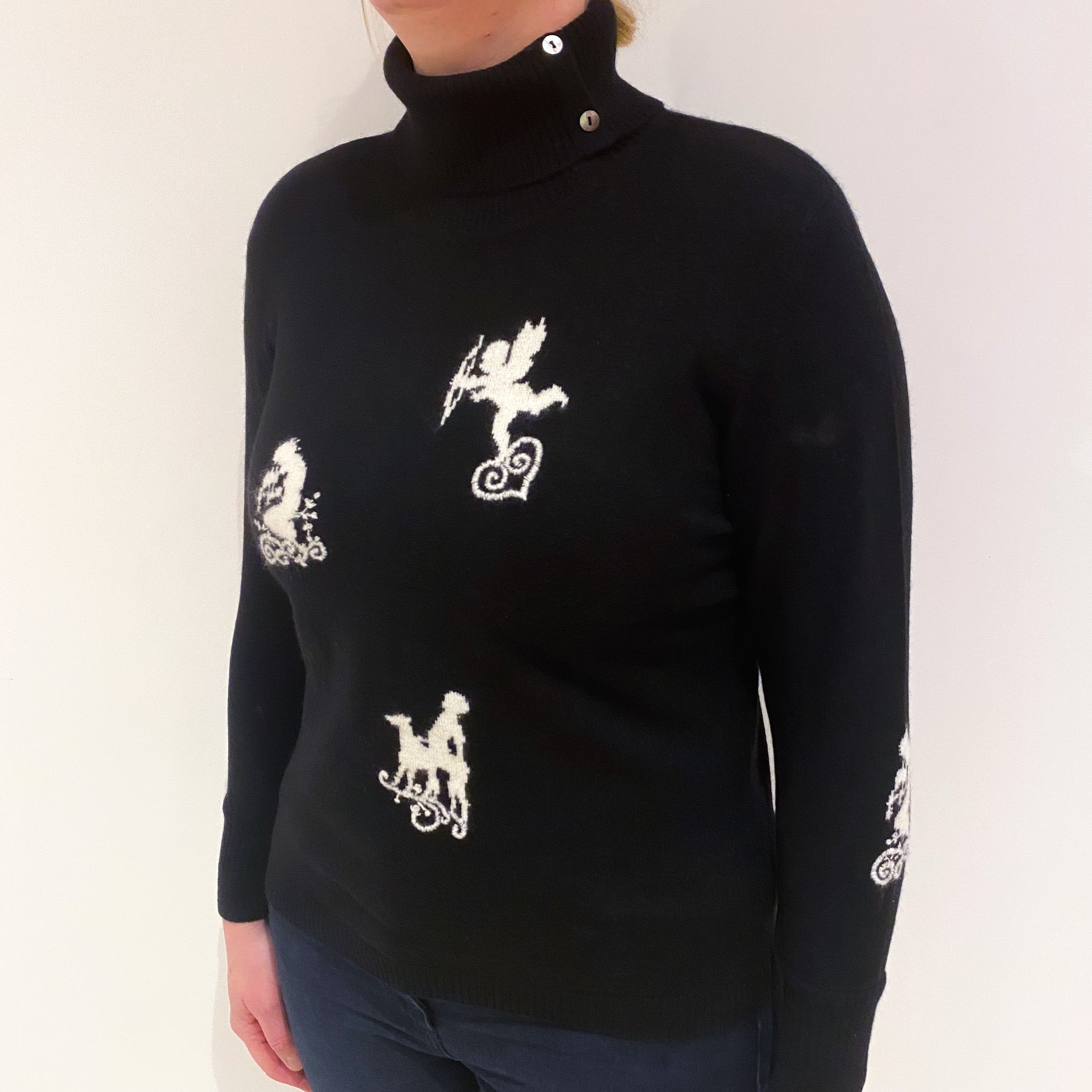 Black Cherub Motif Cashmere Polo Neck Jumper Large