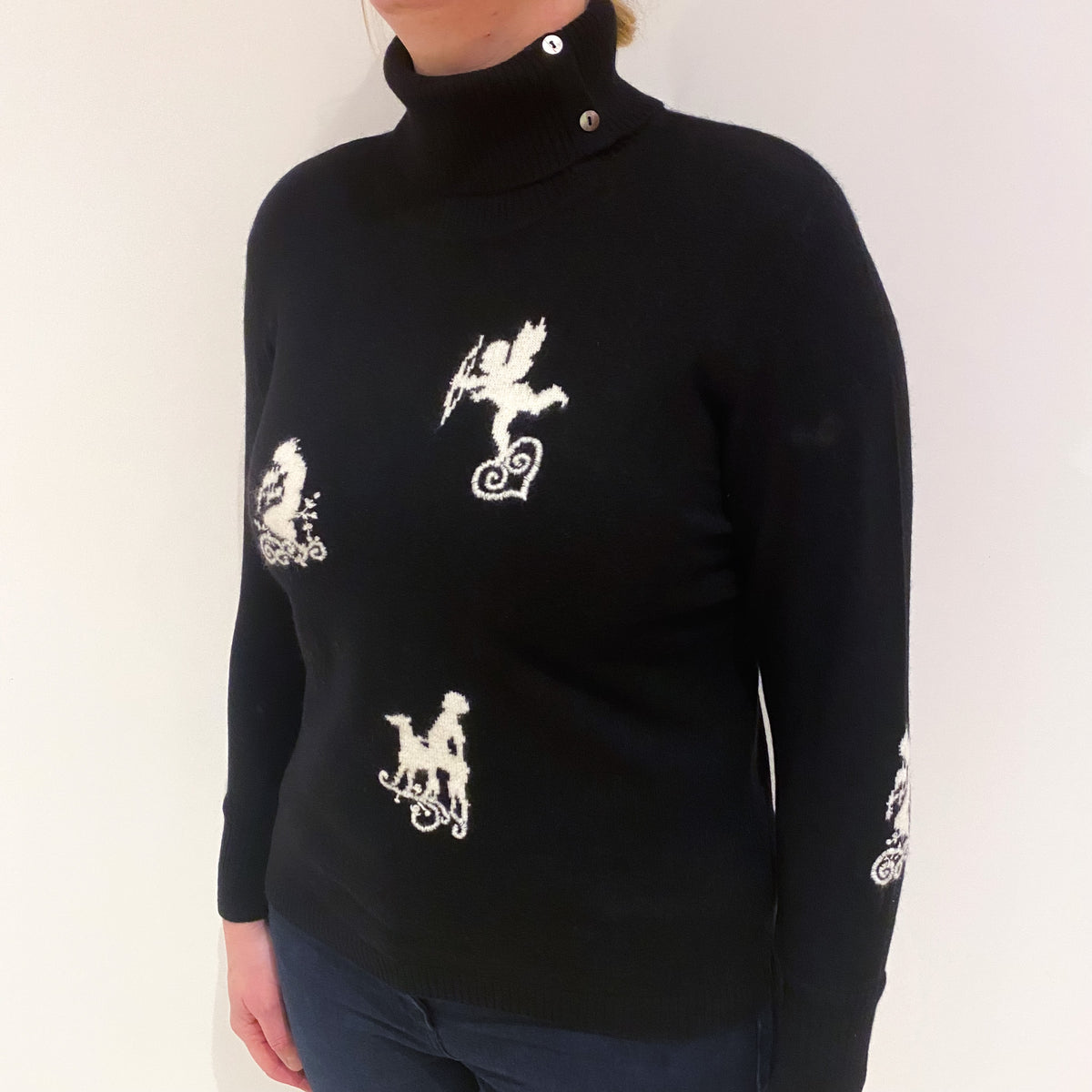 Black Cherub Motif Cashmere Polo Neck Jumper Large