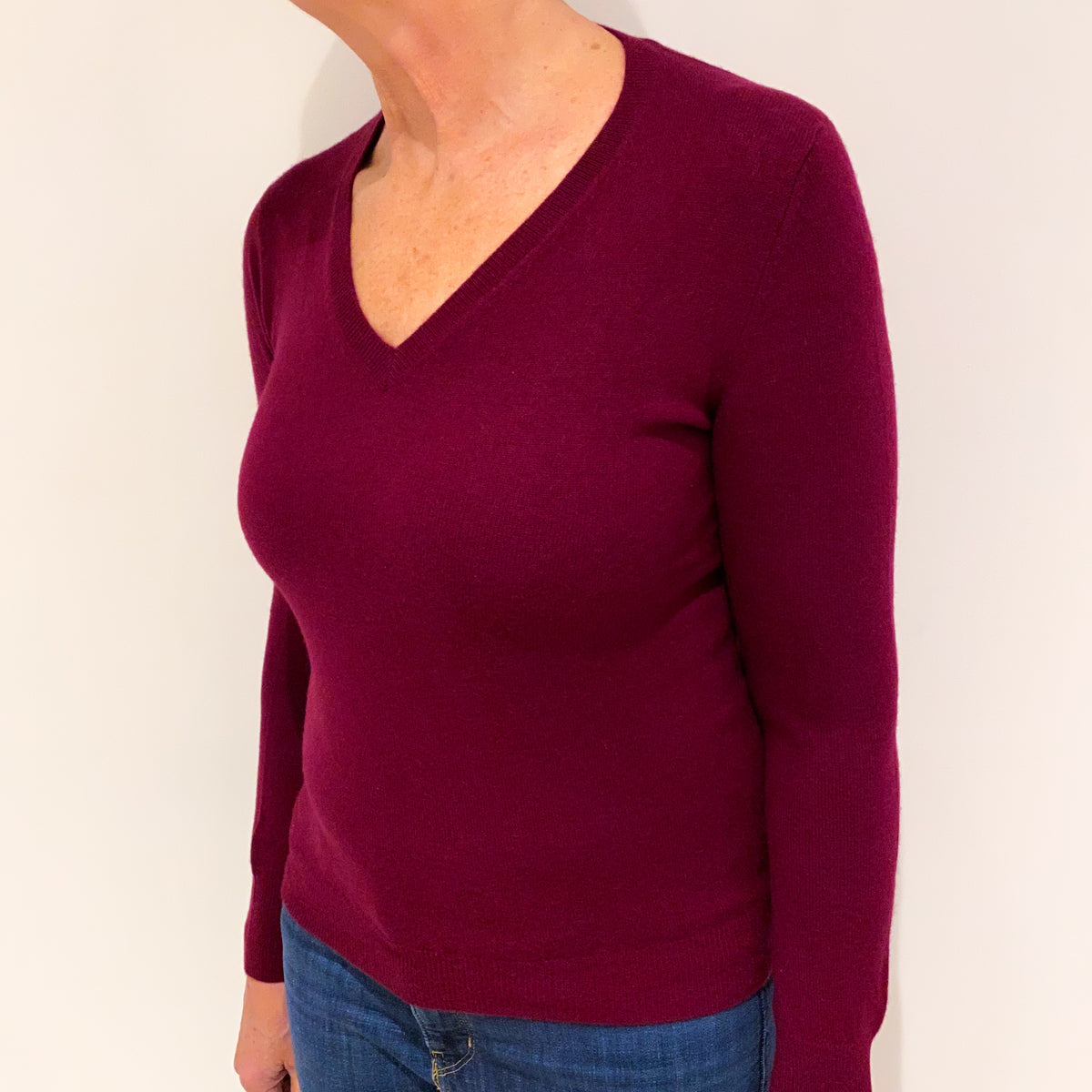 Burgundy Red Cashmere V Neck Jumper Medium