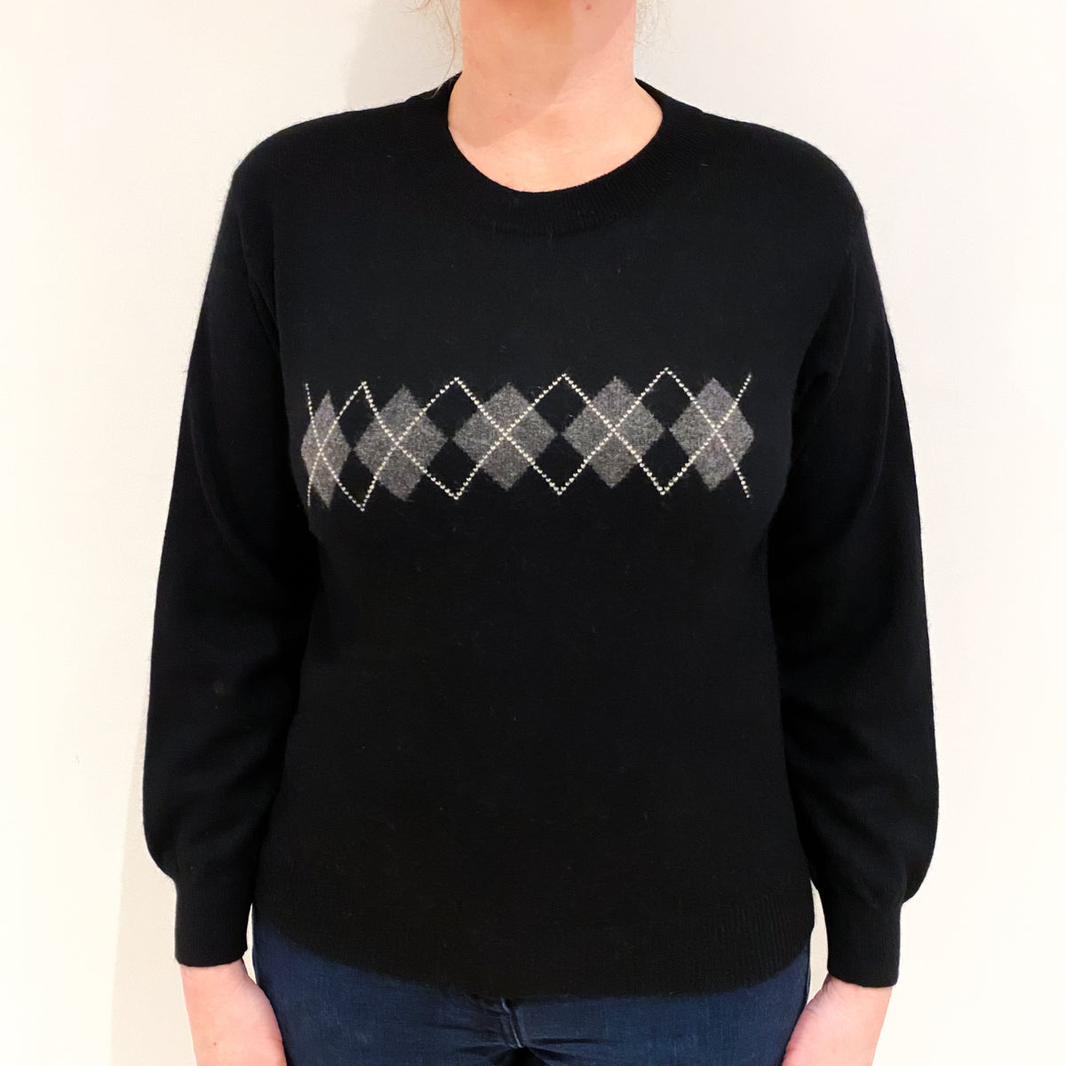Black Argyle Cashmere Crew Neck Jumper Large