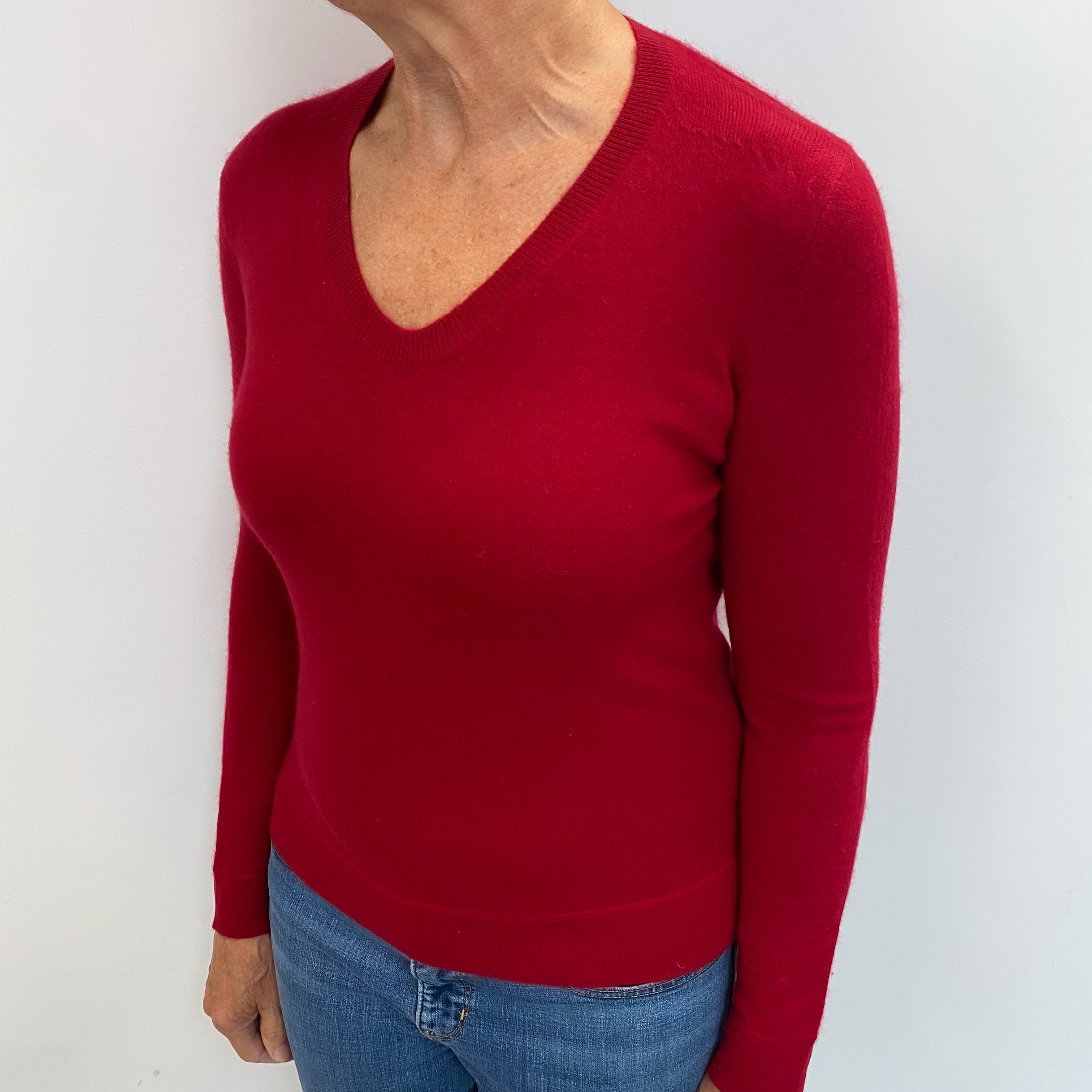 Crimson Red Cashmere V Neck Jumper Medium