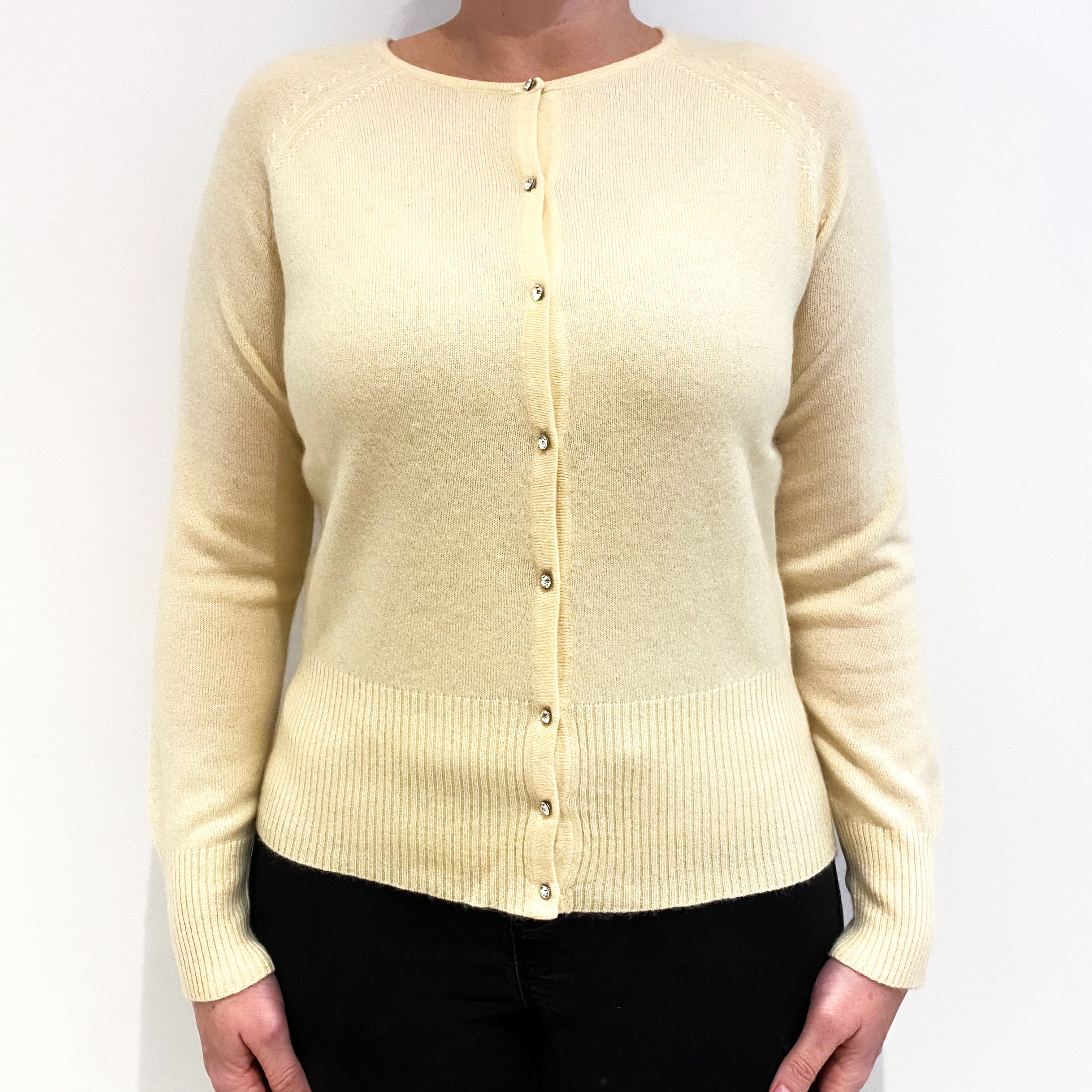 Creamy Yellow Cashmere Crew Neck Cardigan Large