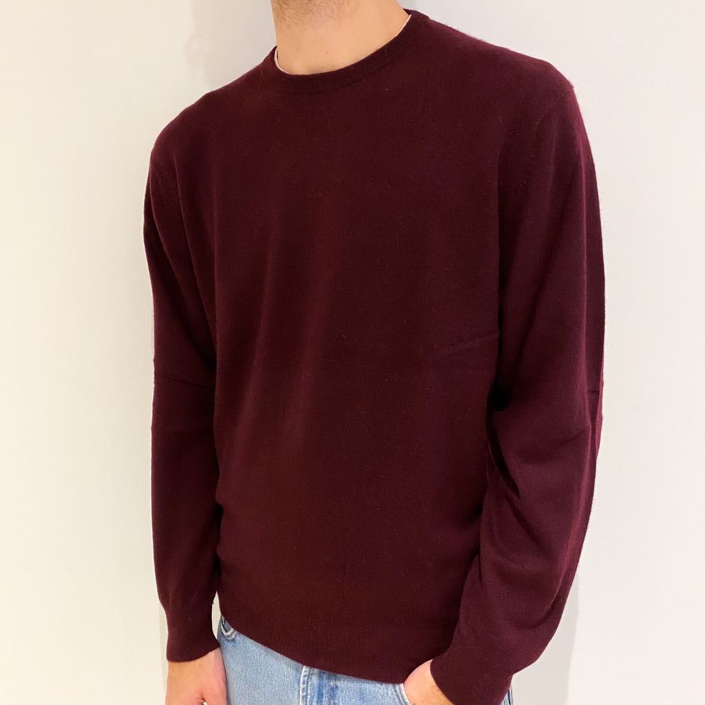 Men's Burgundy Red Cashmere Crew Neck Jumper Large