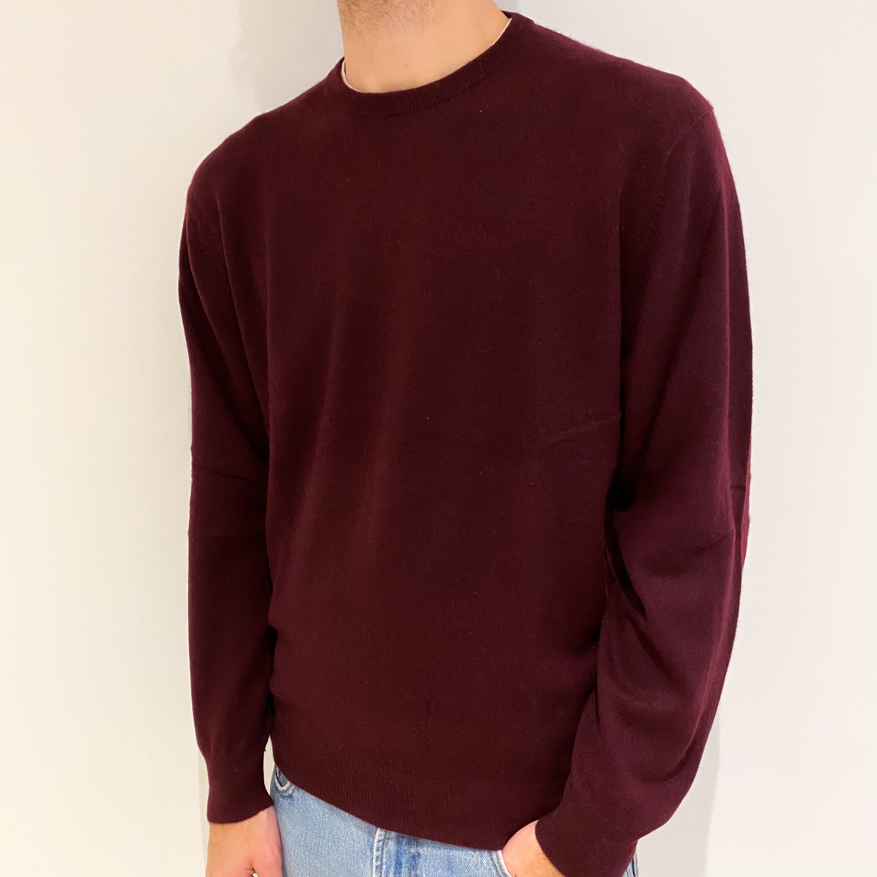 Men's Burgundy Red Cashmere Crew Neck Jumper Large
