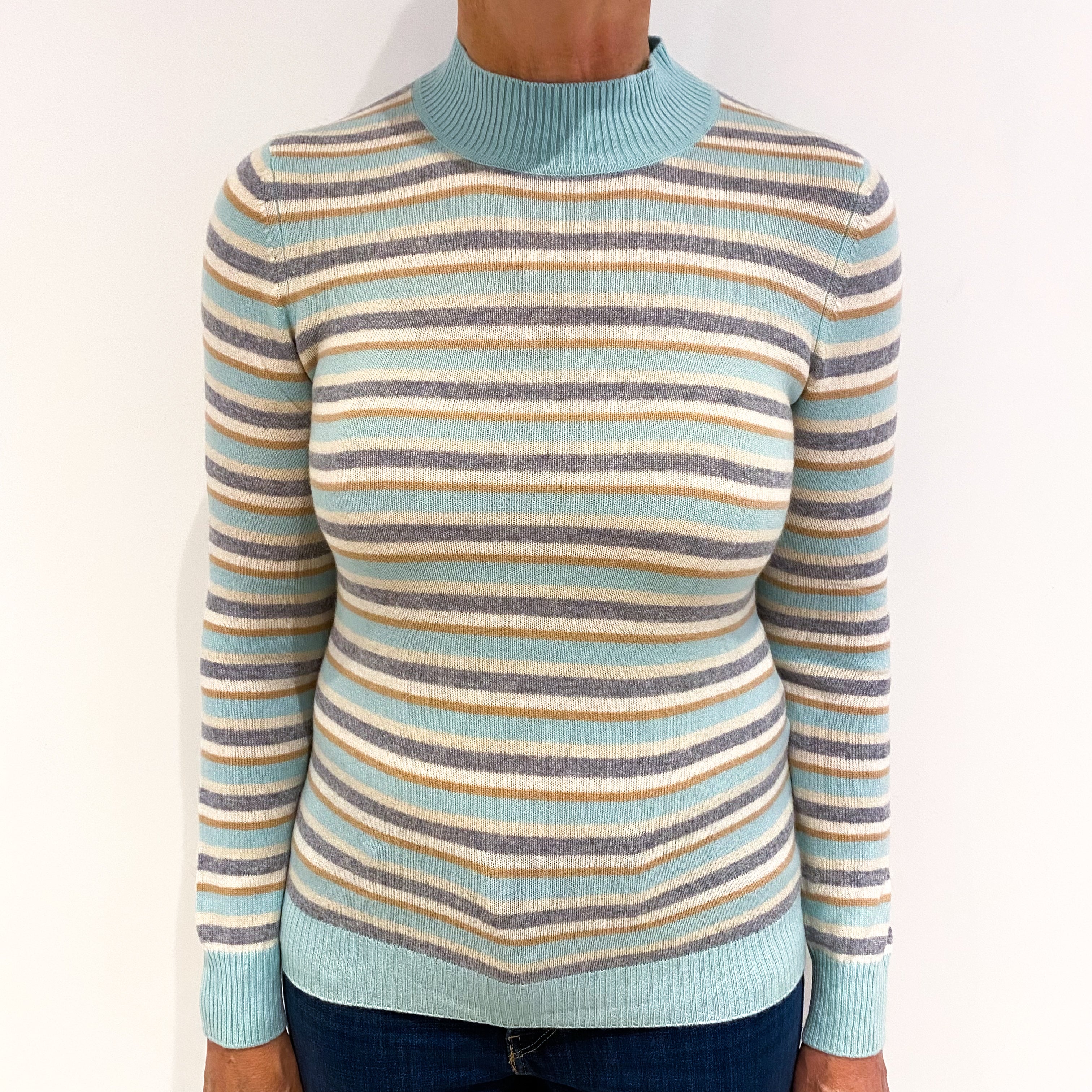 Deep Mint, Camel, Grey and White Striped Cashmere Turtle Neck Jumper Medium