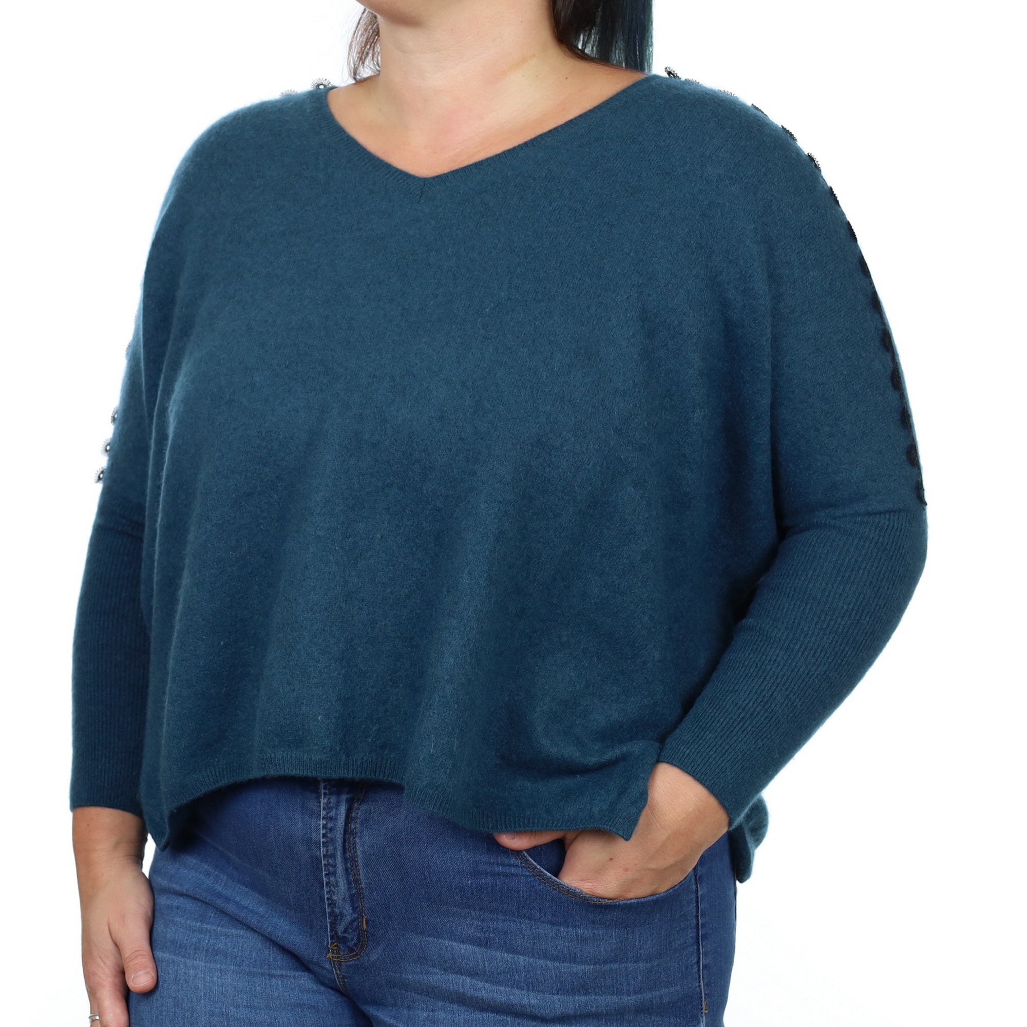Teal Blue Cashmere V Neck Jumper Large