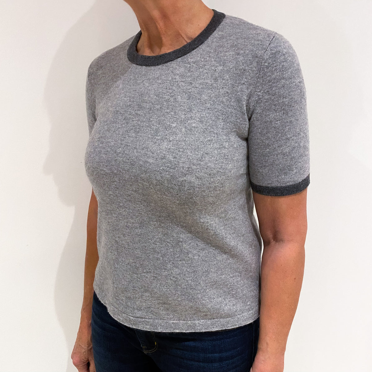 Smoke Grey Cashmere Short Sleeve Crew Neck Jumper Medium