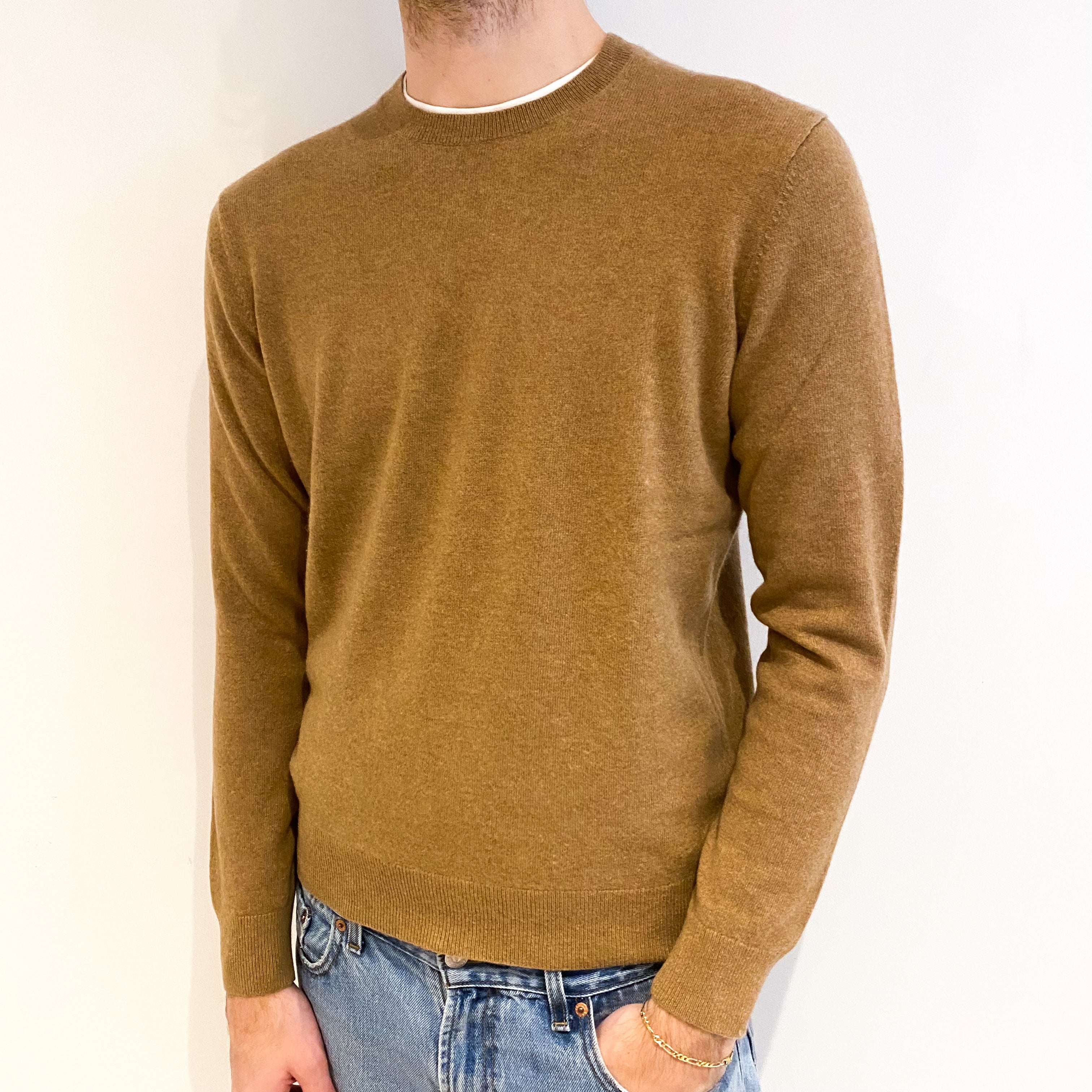 Men's Camel Brown Cashmere Crew Neck Jumper Large