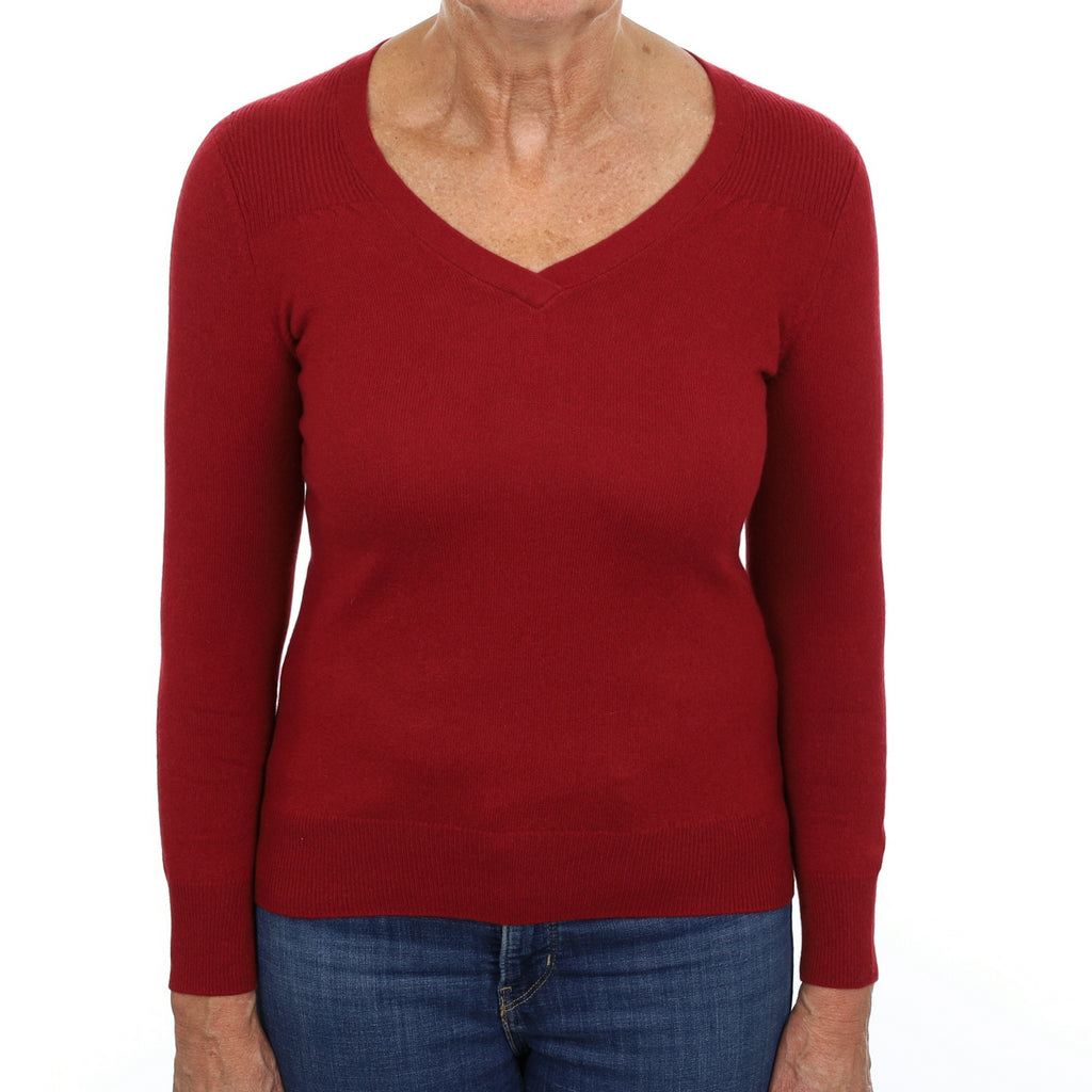 Crimson Red Cashmere V Neck Jumper Medium