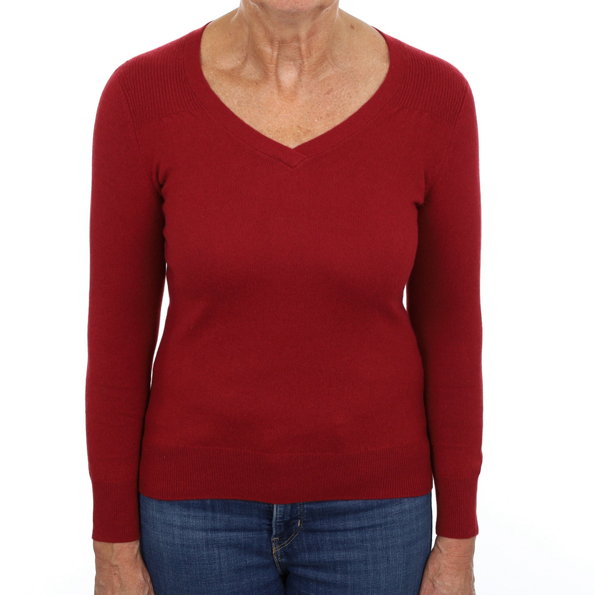 Crimson Red Cashmere V Neck Jumper Medium