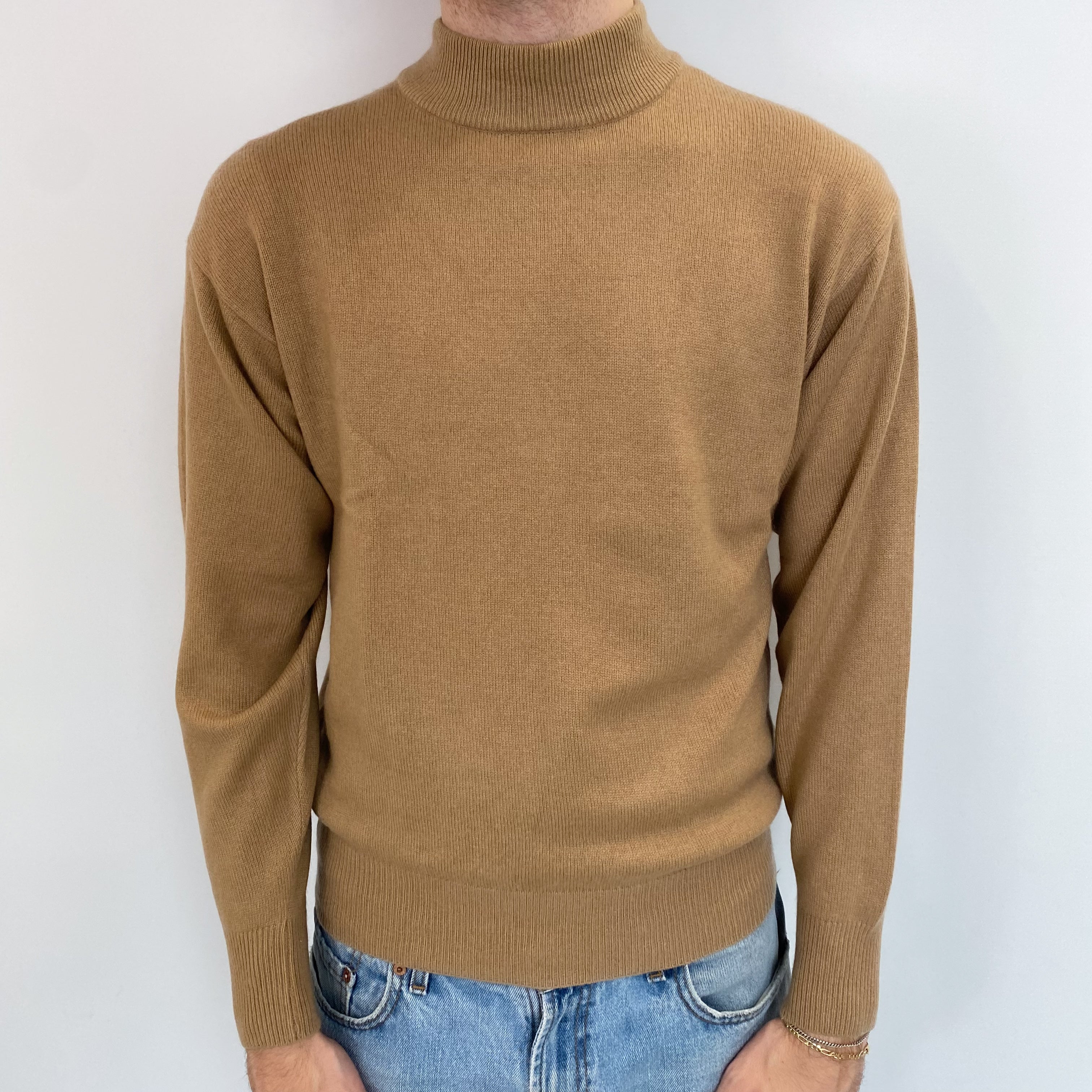 Men's Caramel Brown Cashmere Turtle Neck Jumper Medium