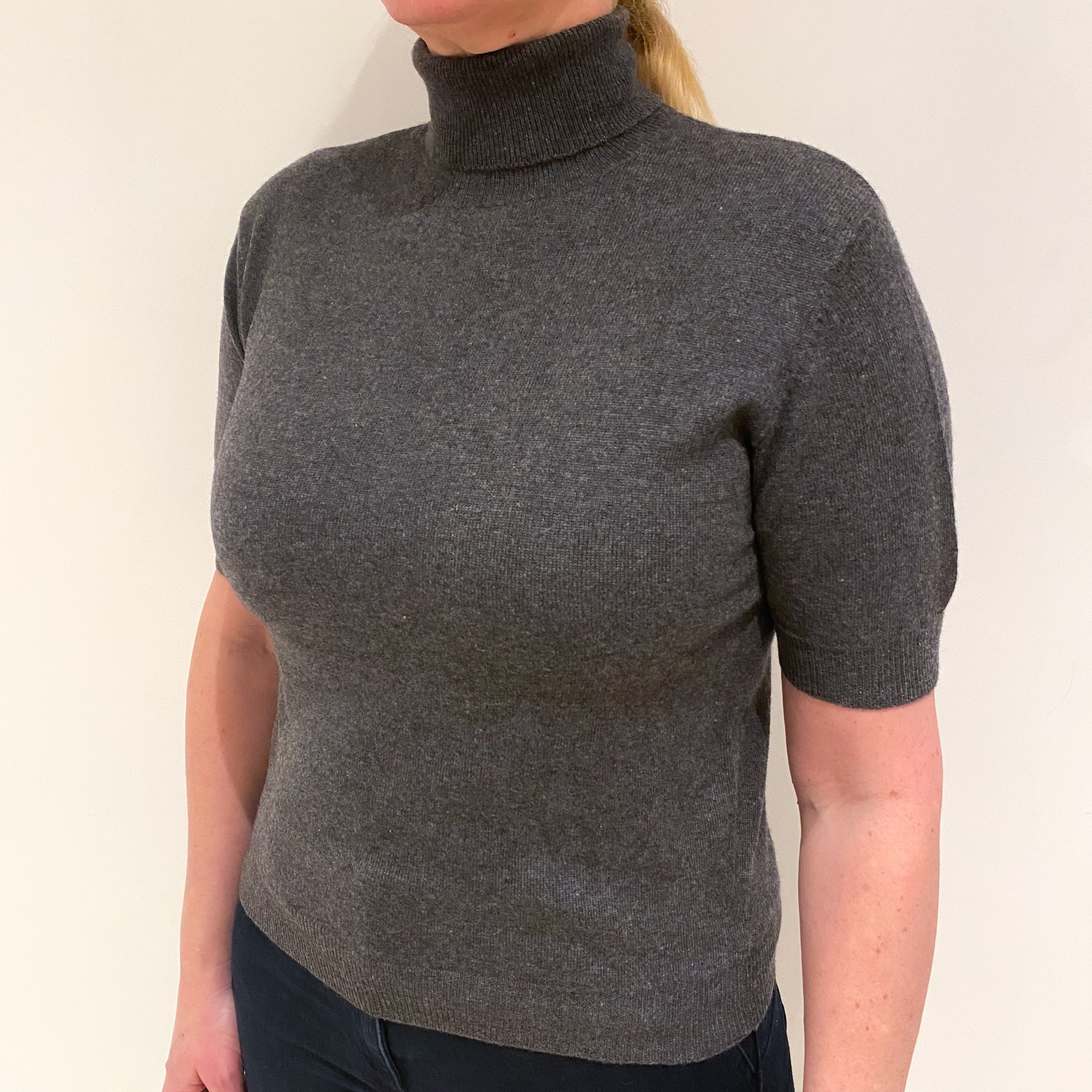 Slate Grey Cashmere Short Sleeved Polo Neck Jumper Large