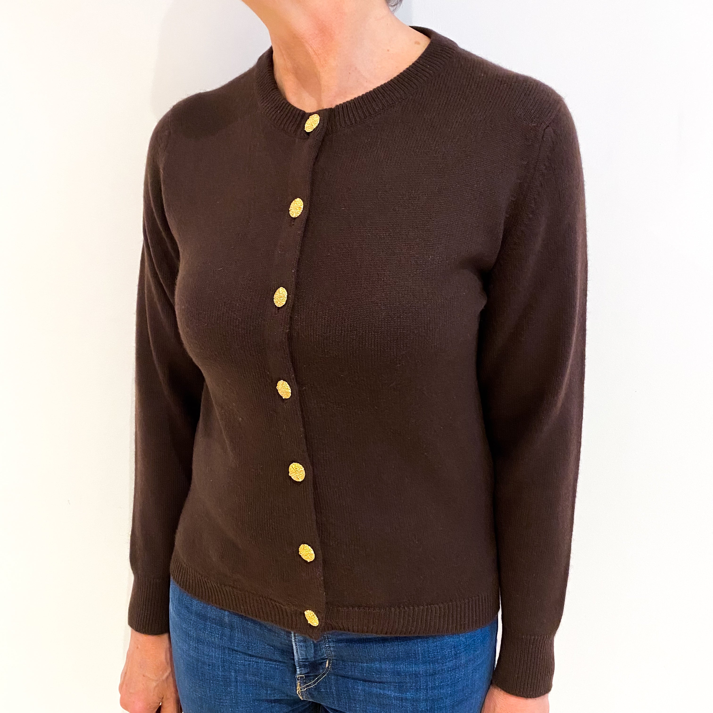 Vintage Scottish Chocolate Brown Cashmere Crew Neck Cardigan Medium