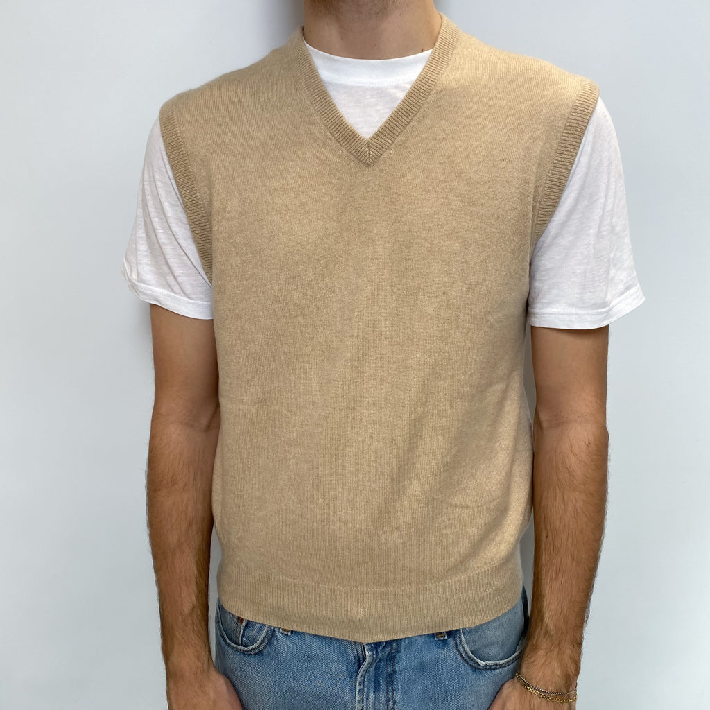 Men's Sand Beige Cashmere V Neck Tank Top Large