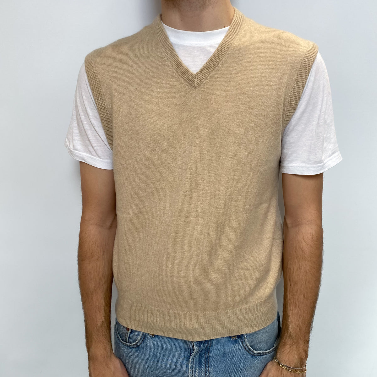Men's Sand Beige Cashmere V Neck Tank Top Large
