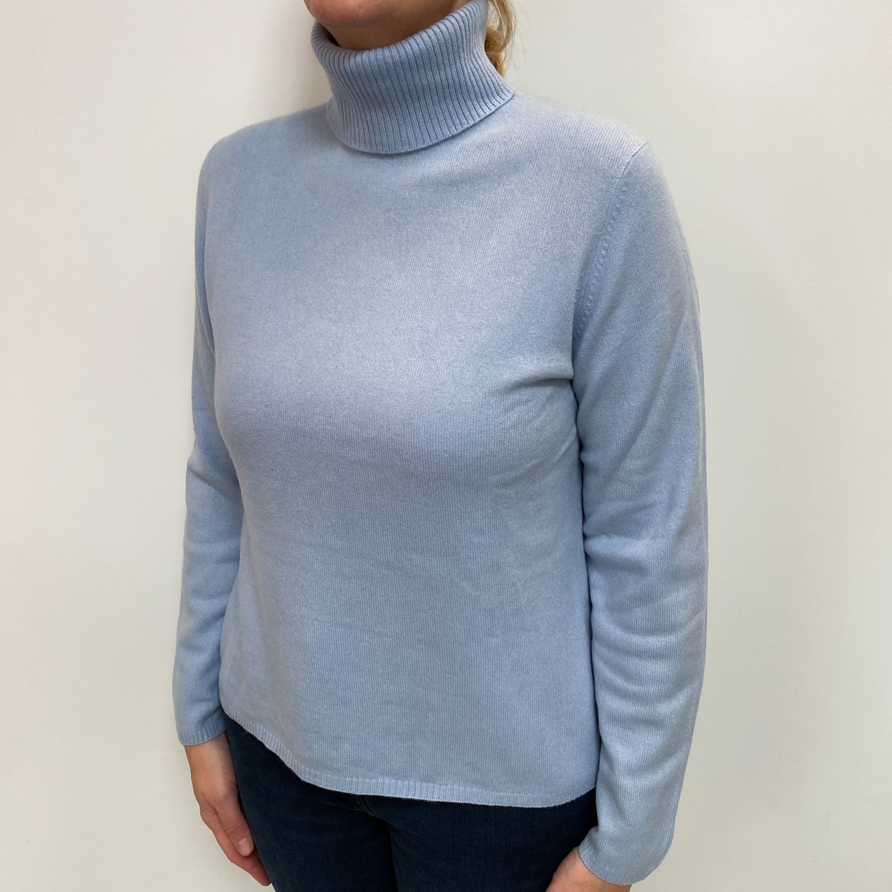 Dusky Blue Cashmere Polo Neck Jumper Large