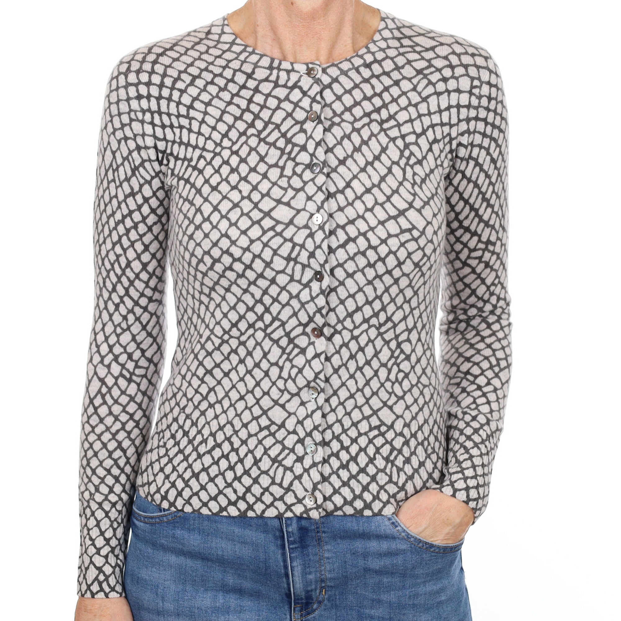 New Grey Patterned Cashmere Crew Neck Cardigan Small