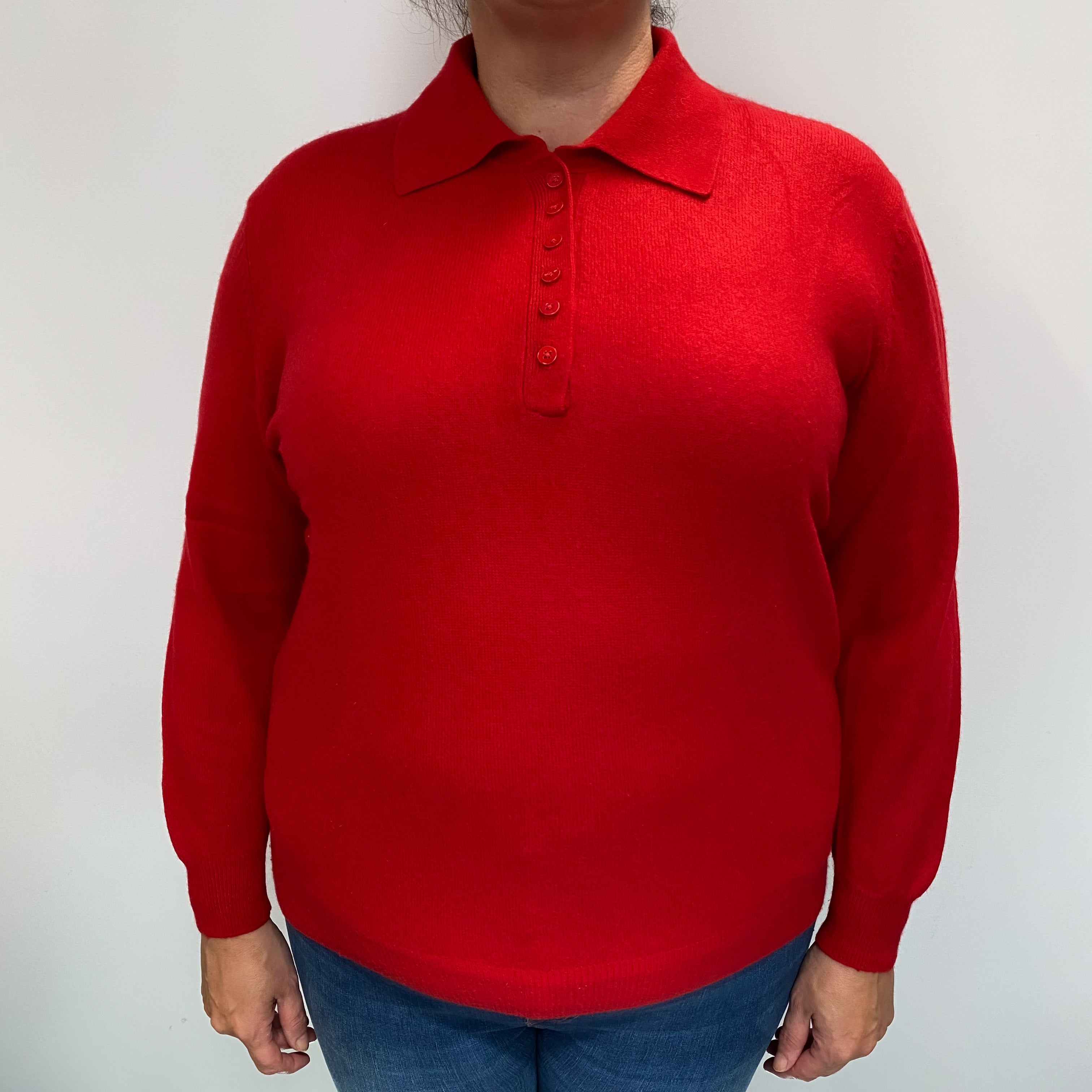 Tomato Red Cashmere Collared Quarter Button Jumper Extra Large