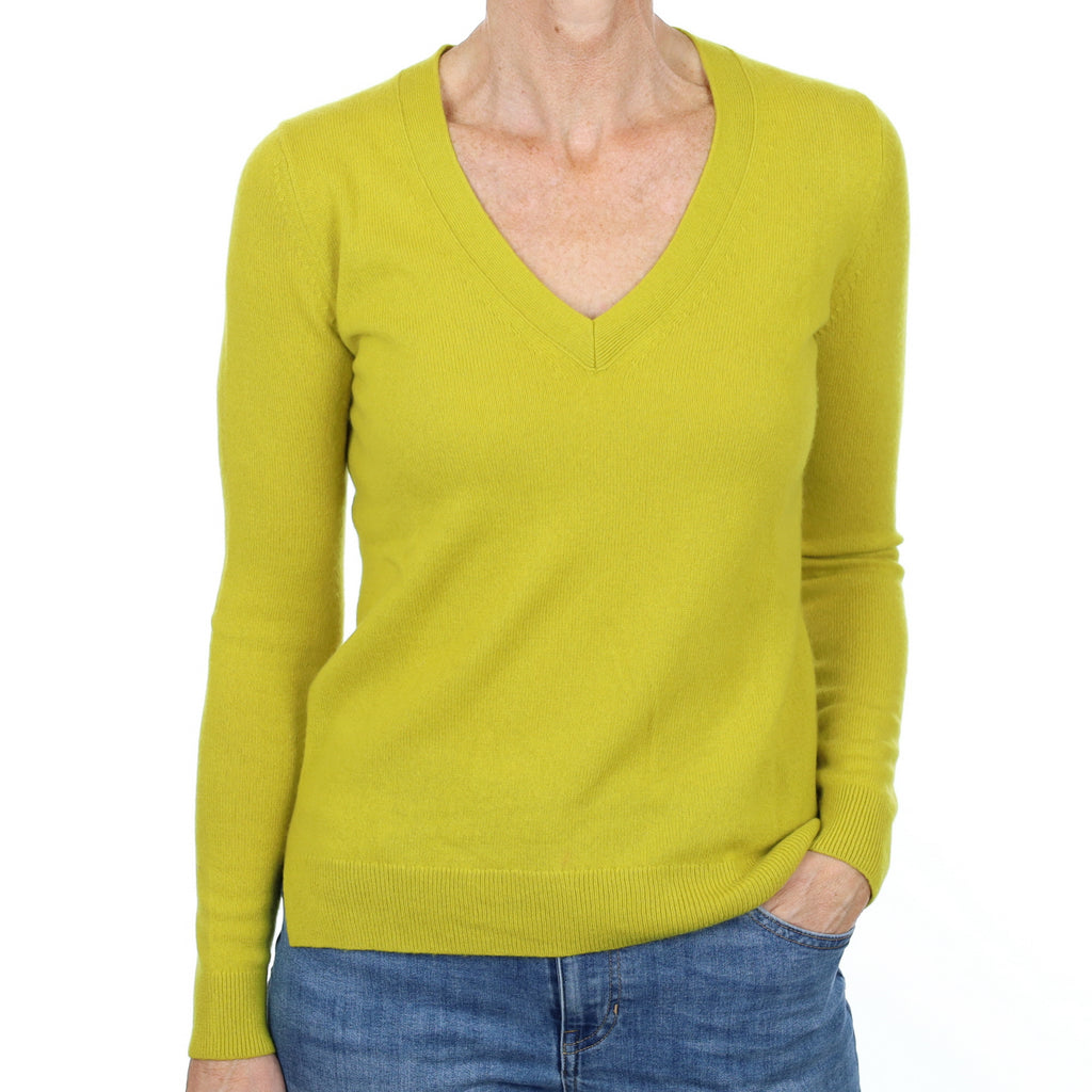 Lichen Green Cashmere V Neck Jumper Small
