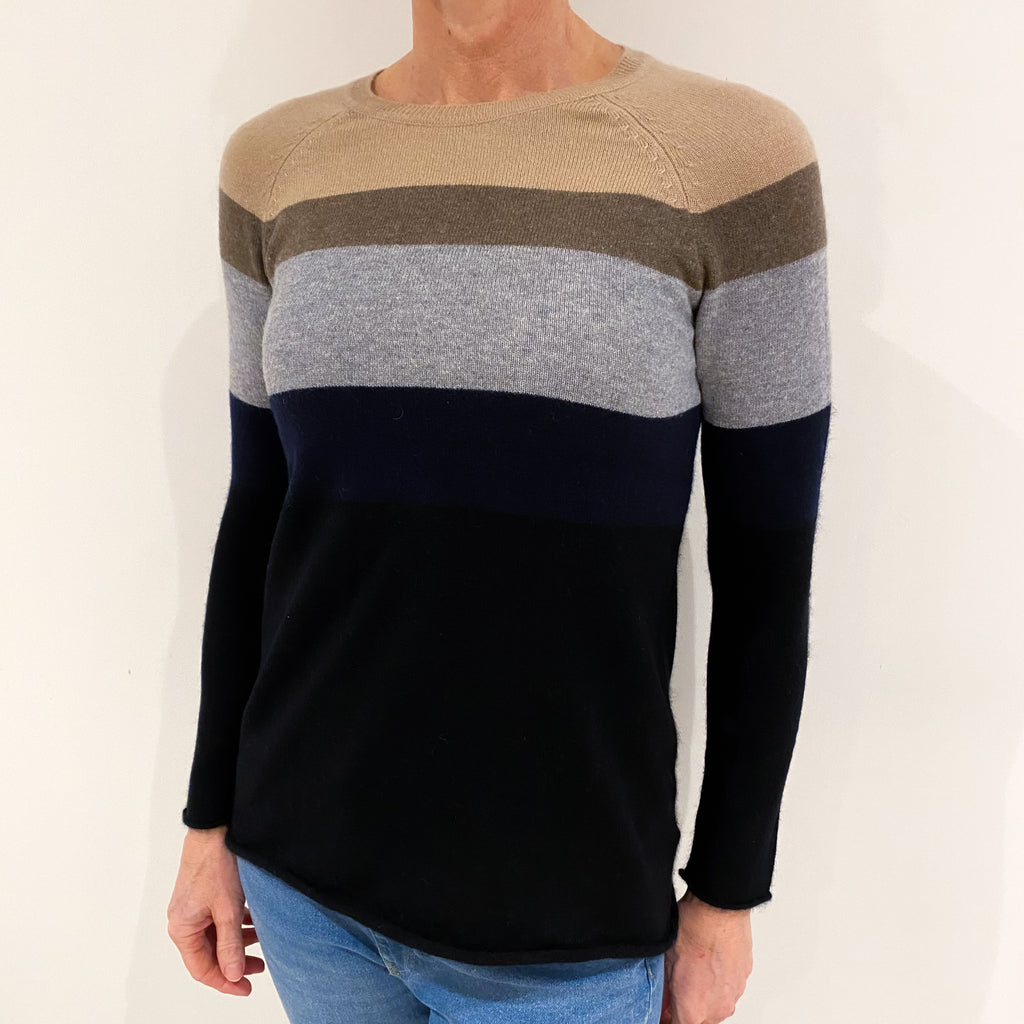 Paul Costello Black and Brown Striped Cashmere Crew Neck Jumper Small