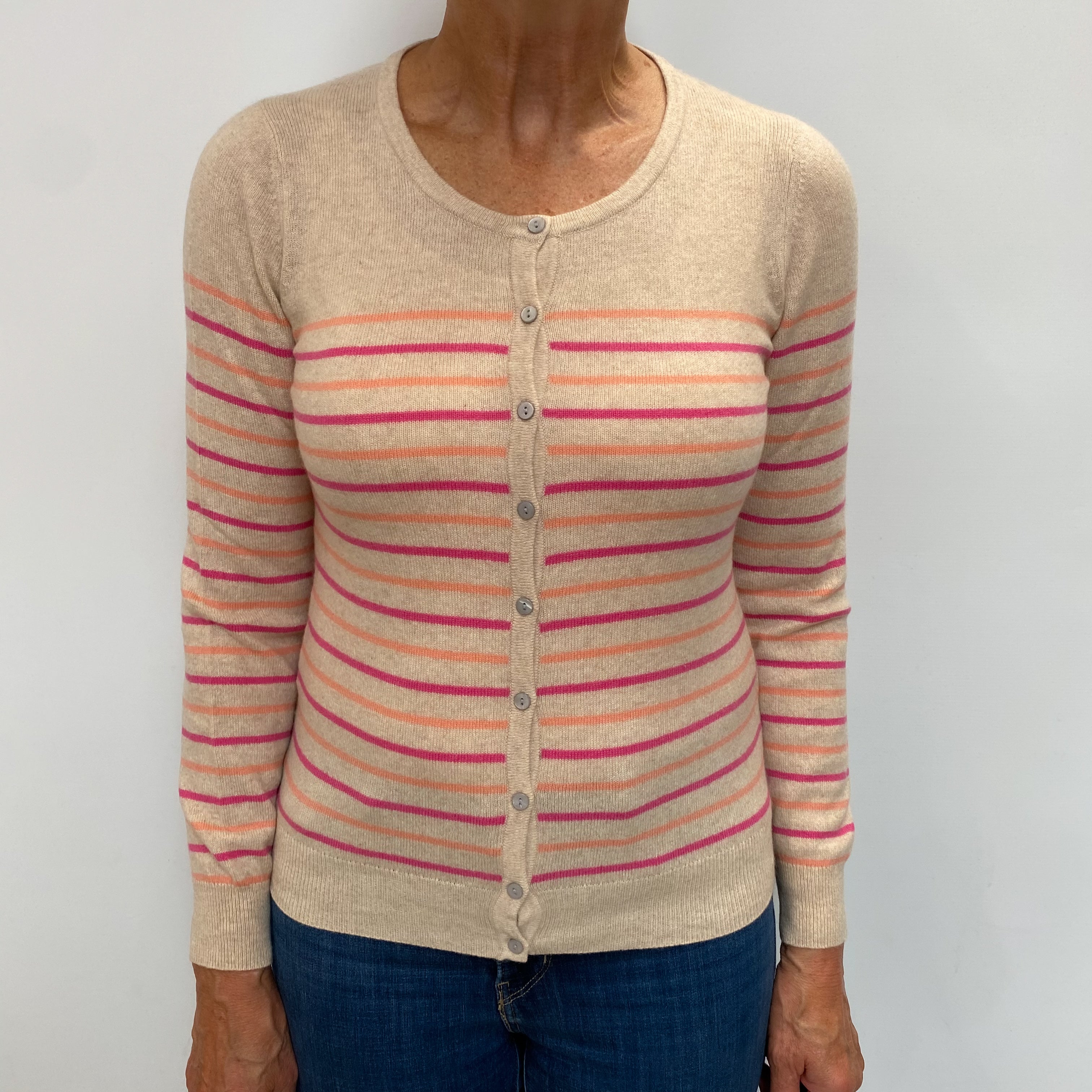 Honey Beige Striped Cashmere Crew Neck Cardigan Medium