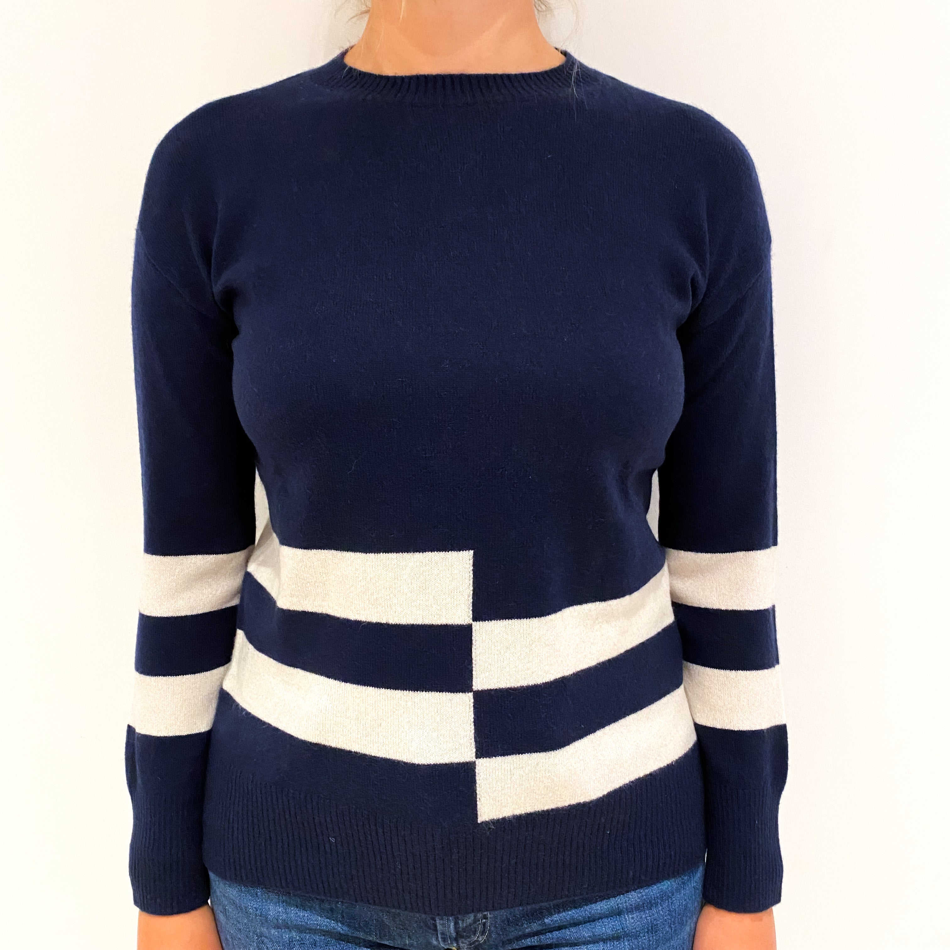 Navy Blue Cream Striped Cashmere Crew Neck Jumper Small