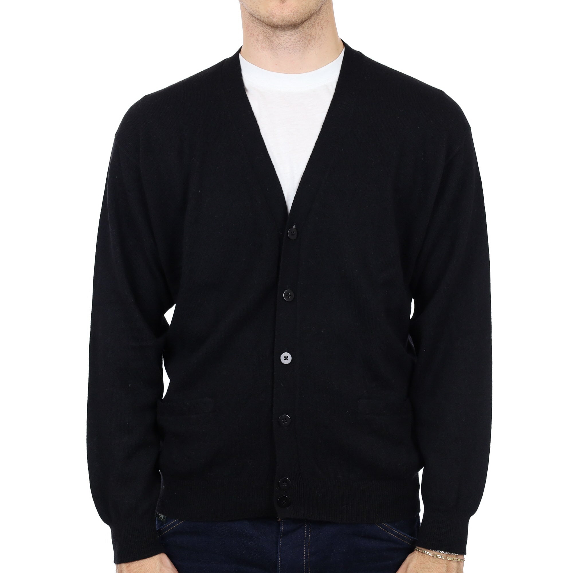 Men's Black Cashmere V Neck Cardigan with Pockets Large