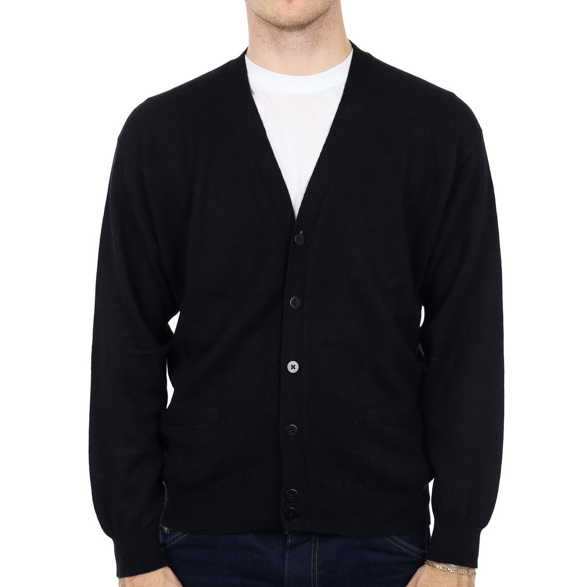 Men's Black Cashmere V Neck Cardigan with Pockets Large